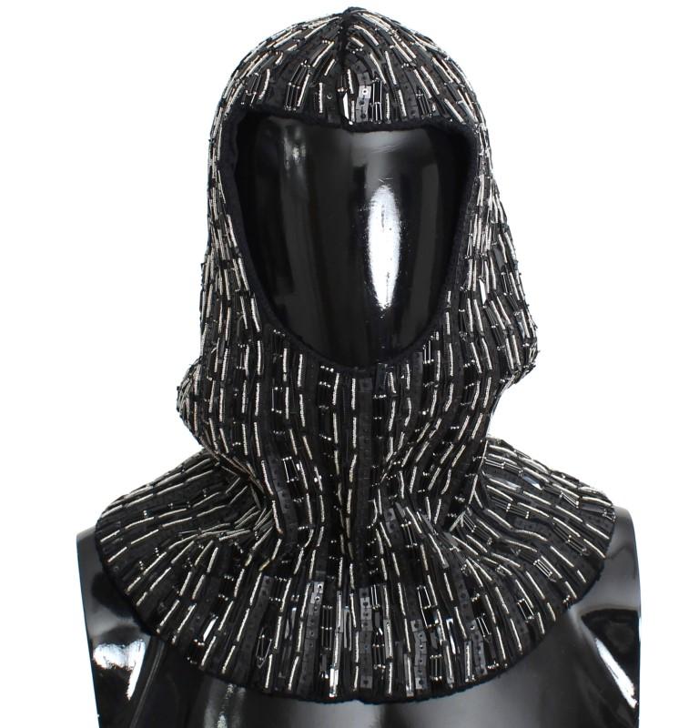 Dolce & Gabbana Men's Wool Crystal Runway Hood Scarf Hat Black SIG11153