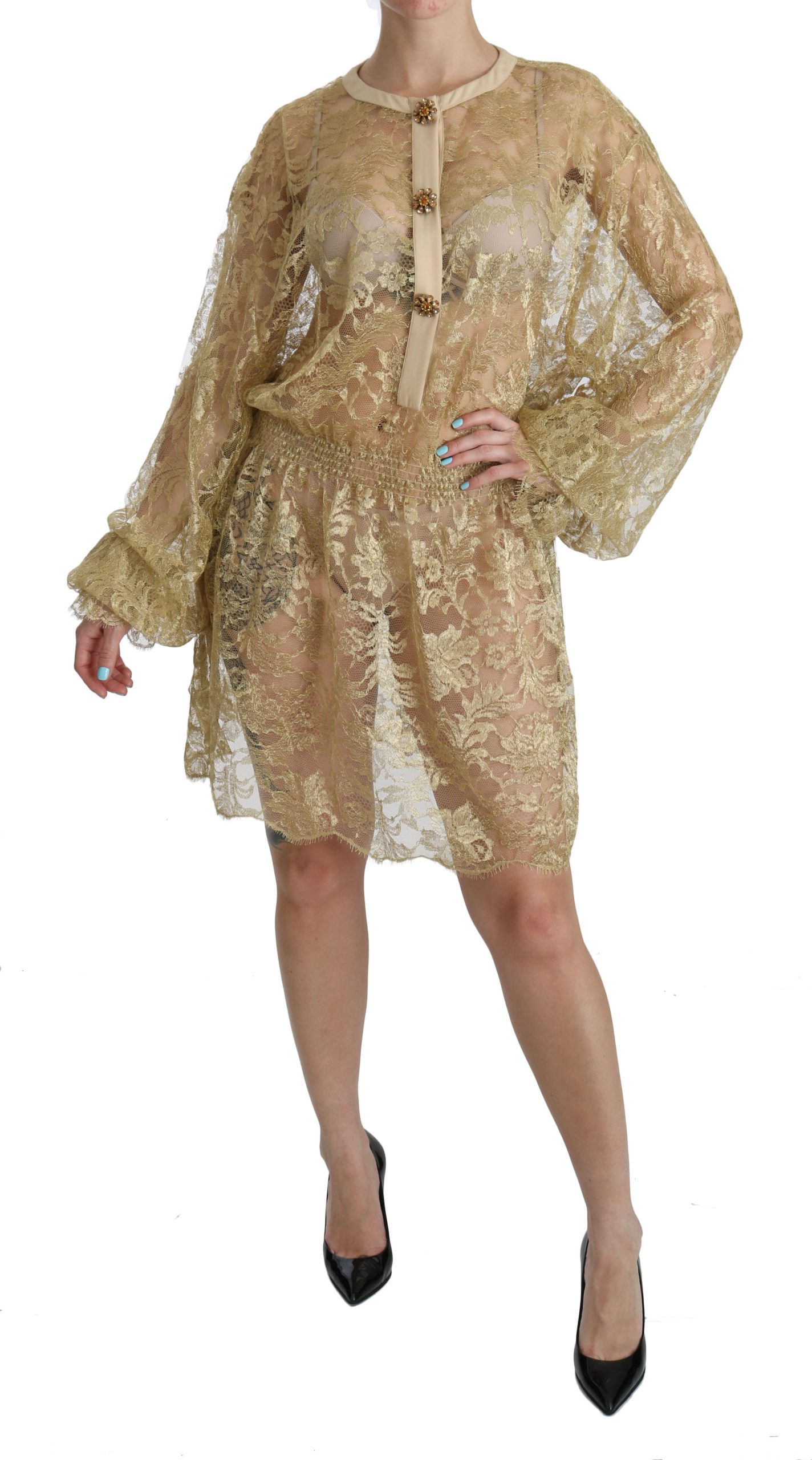 Dolce & Gabbana Women's Lace See Through A-Line Dress Gold Yellow DR2079 - IT40|S