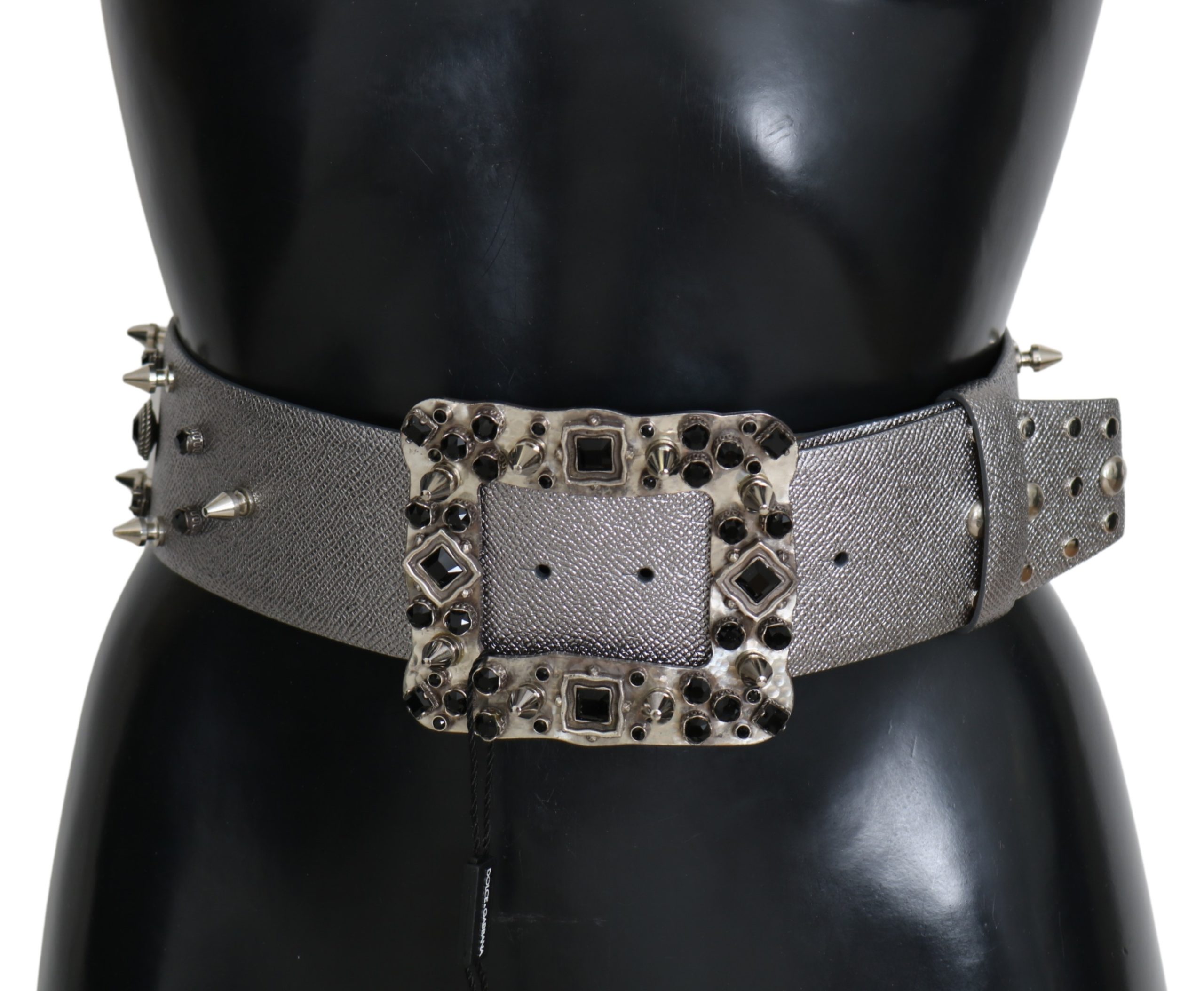 Silver Leather Crystal Stud Logo Buckle Belt - 70 cm / 28 Inches