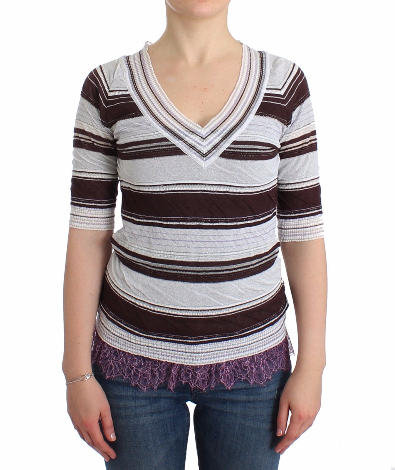 Ermanno Scervino Women's Striped Lace V-Neck Top Multicolour SIG11859 - IT42 | S
