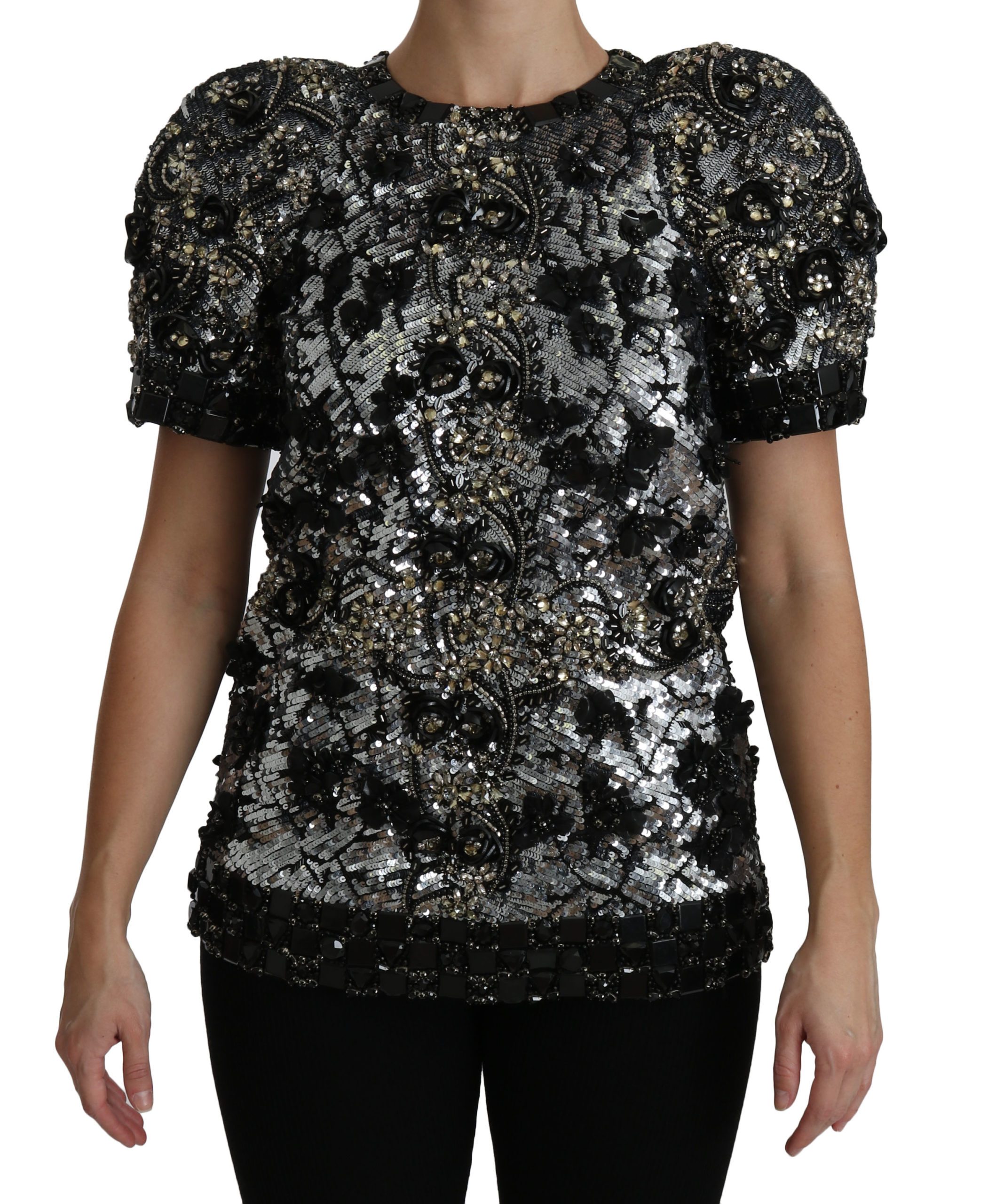 Black Sequined Crystal Embellished Top Blouse - IT38|XS