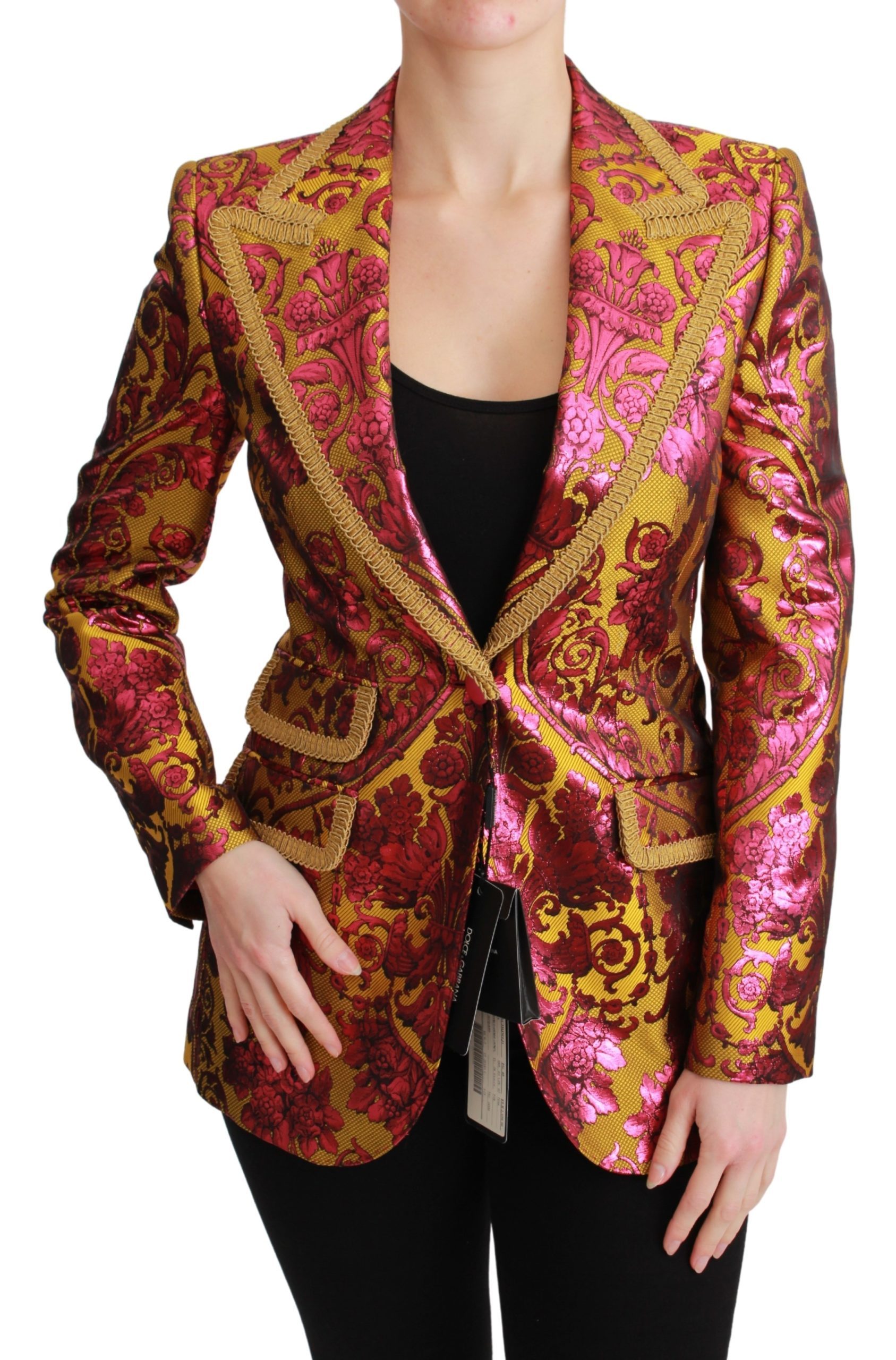 Dolce & Gabbana Women's Gold Jacquard Blazer Jacket Gold and Pink JKT2629 - IT36 | XS