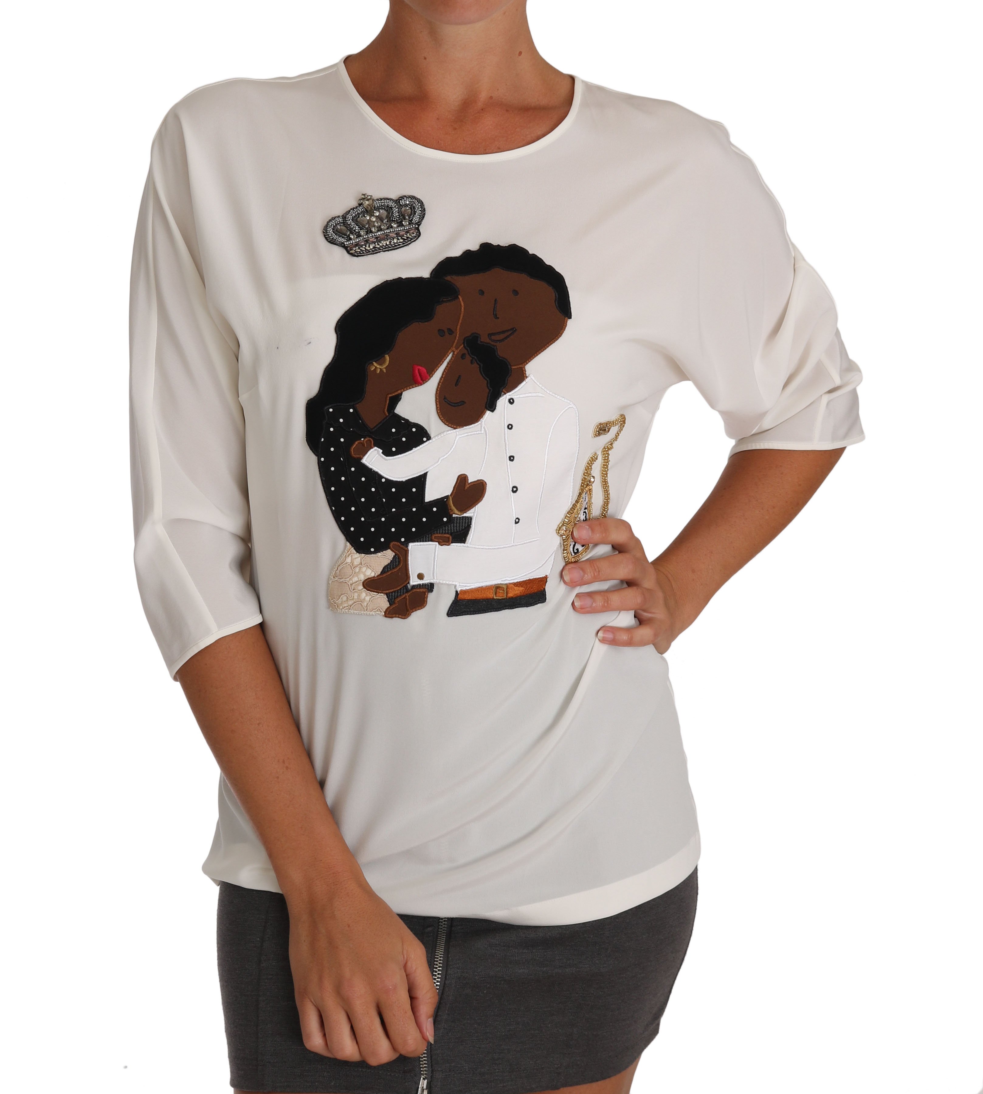 Dolce & Gabbana Women's Silk Crystal T-Shirts White TSH3368 - IT46|XL