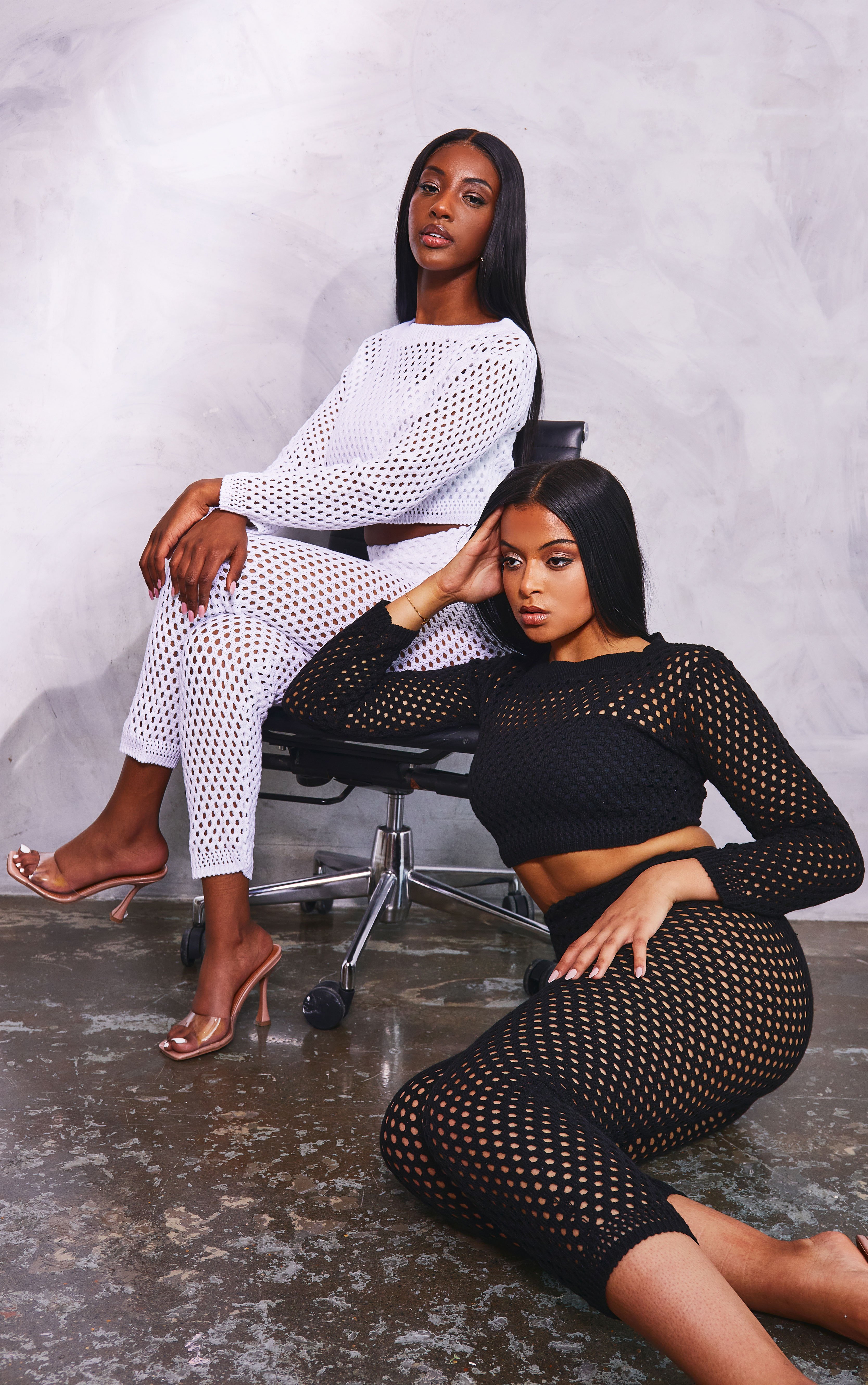 Net Mesh Knitted Crop Top & Pants Set - White / M/L