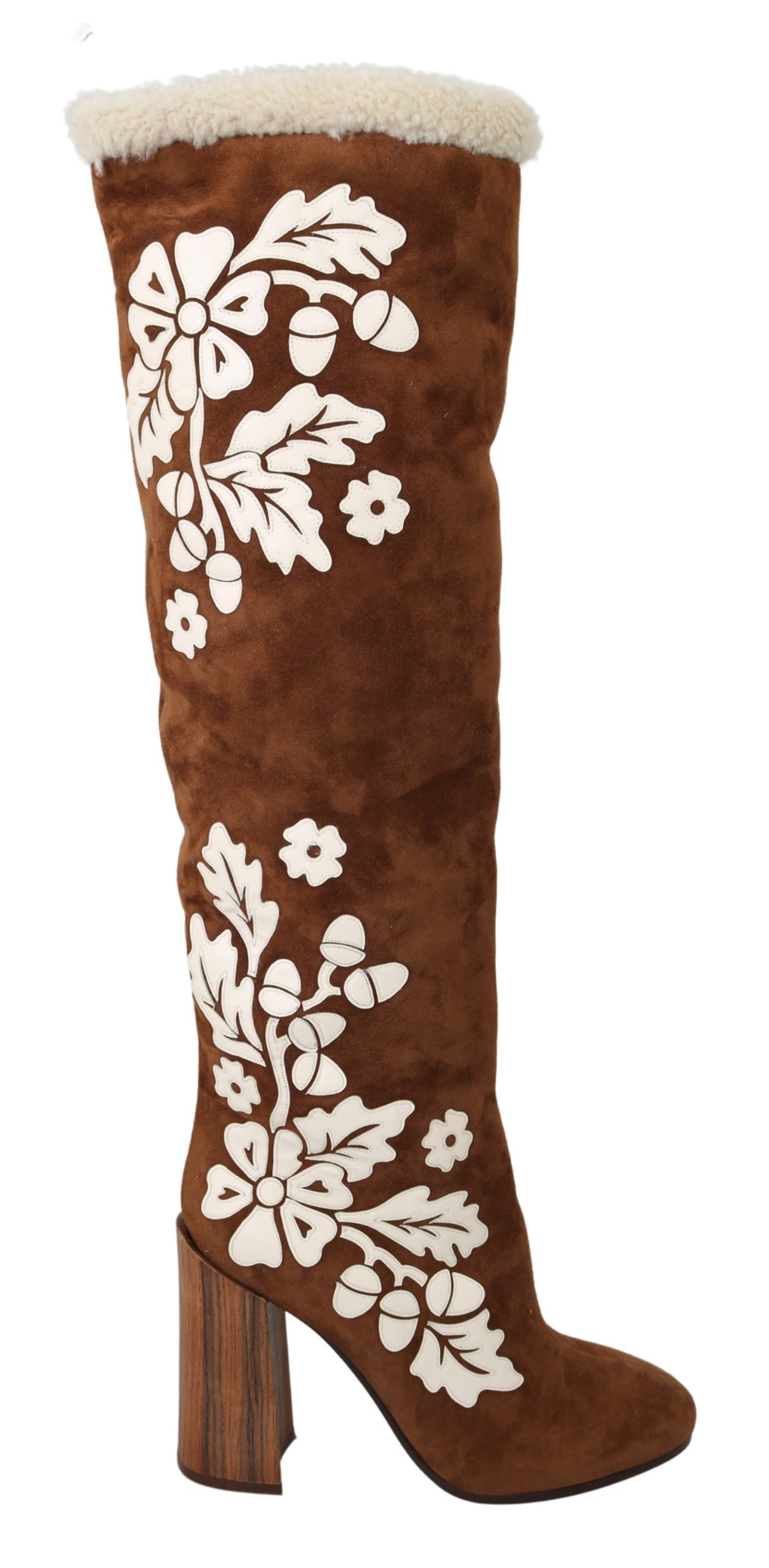 Dolce & Gabbana Women's Suede Floral Knee High Boot Brown LA7090 - EU39/US8.5