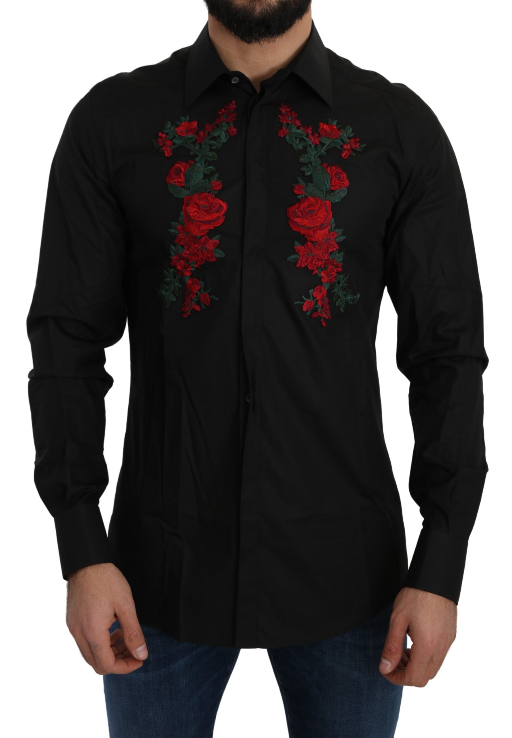 Dolce & Gabbana Men's Cotton Logo Roses Shirt Black TSH5221 - 44 | 3XL