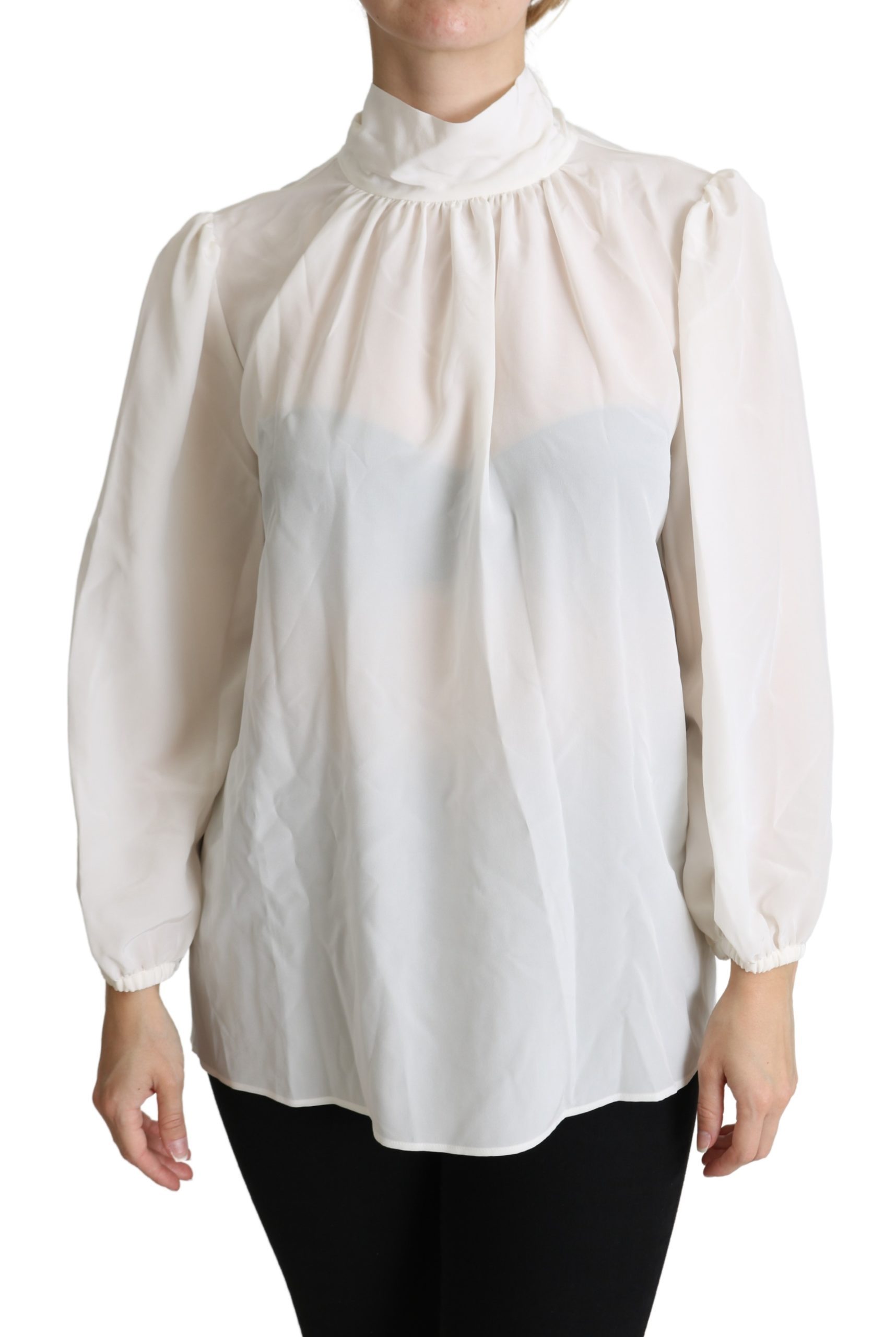 White Silk Pussy Bow Long Sleeved Top Blouse - IT44|L