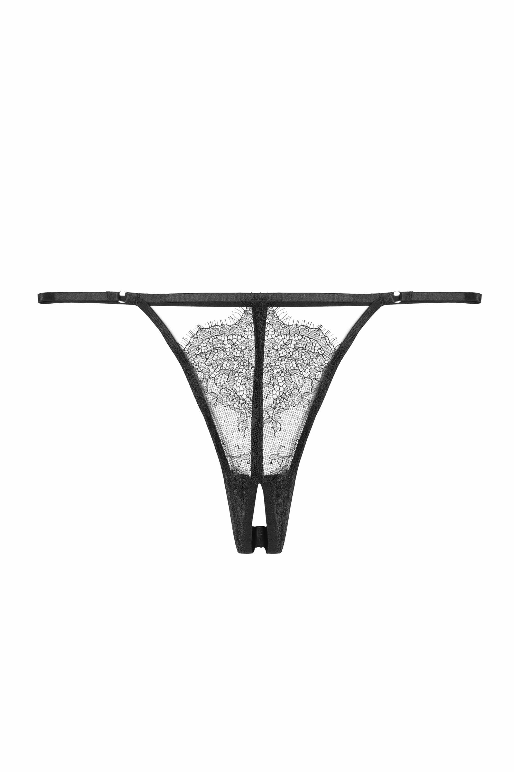 Playful Promises Black Lace Strappy Crotchless Thong UK 10 / US 6