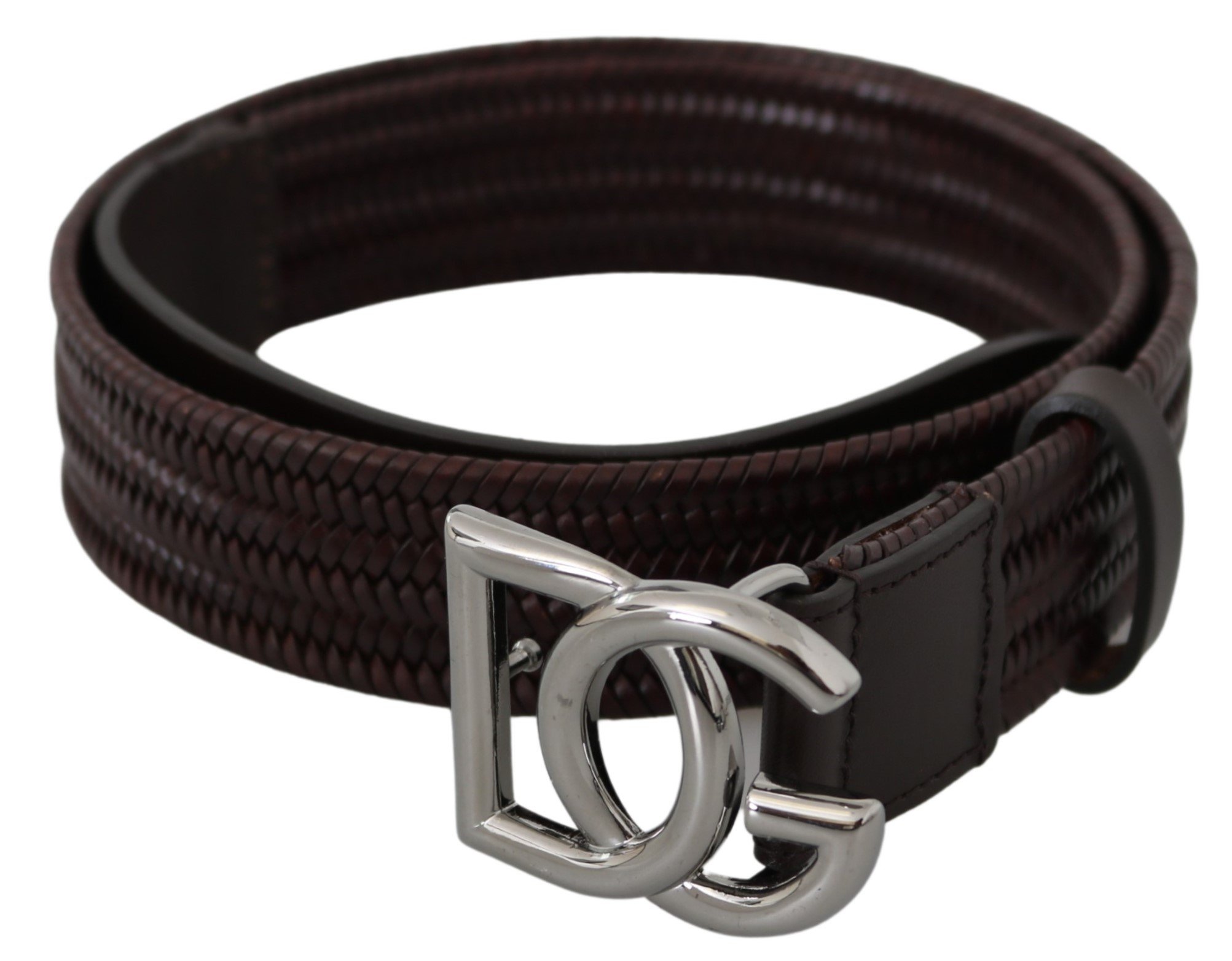 Brown Leather Knitted DG Silver Buckle Belt - 90 cm / 36 Inches