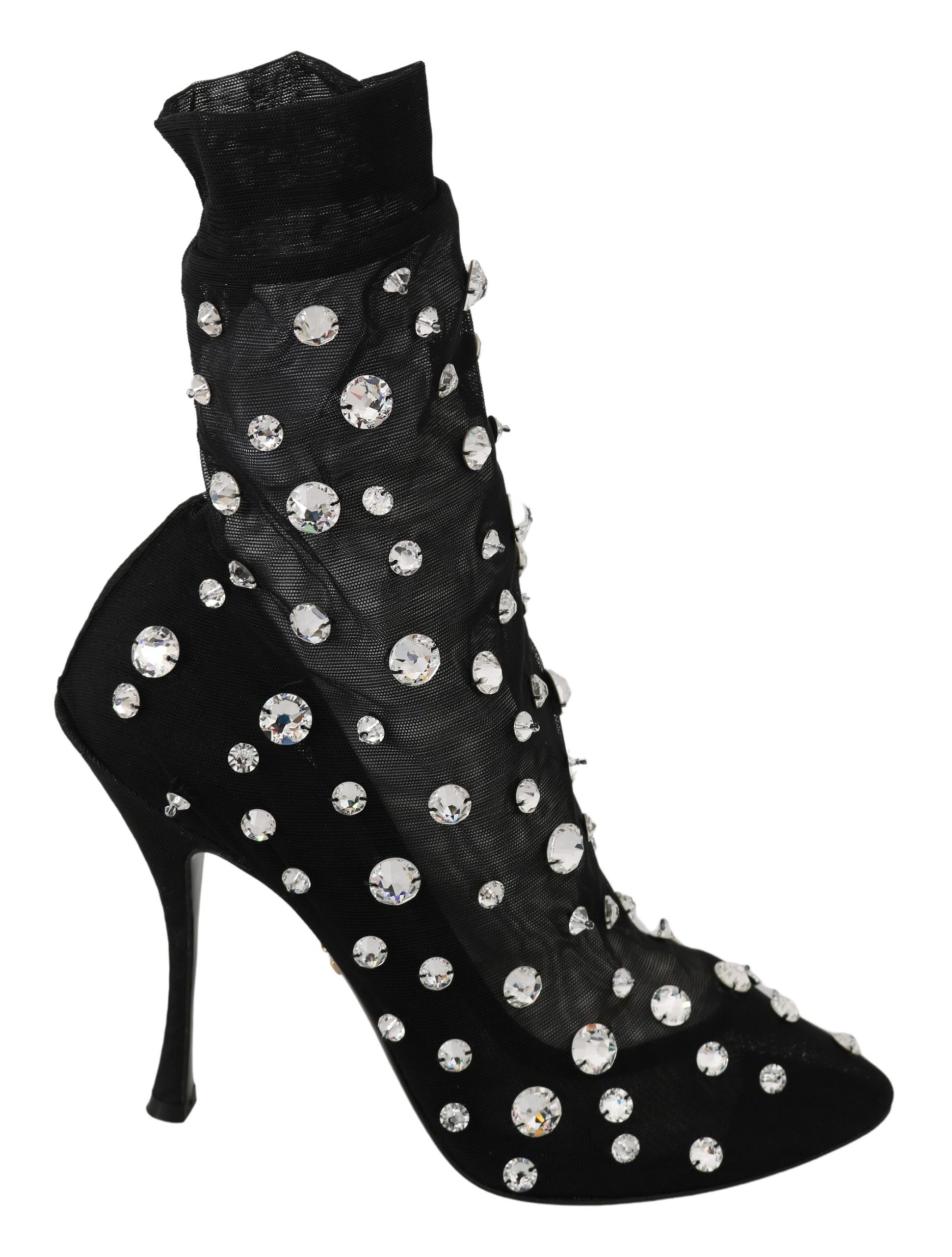 Black Tulle Crystals Ankle High Booties Shoes - EU38/US7.5