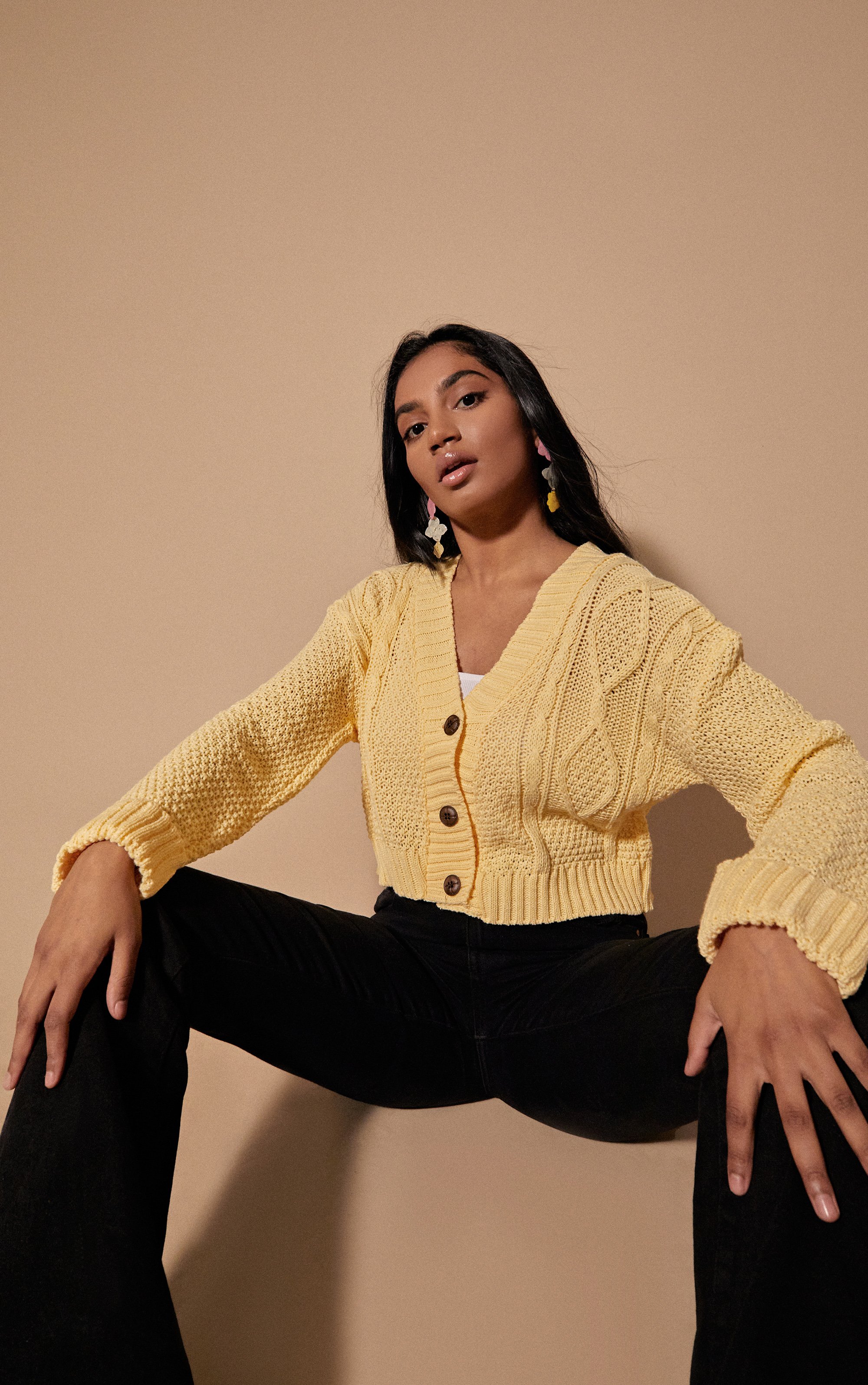 Cable Cropped Button Up Cardigan - Yellow / 8/10