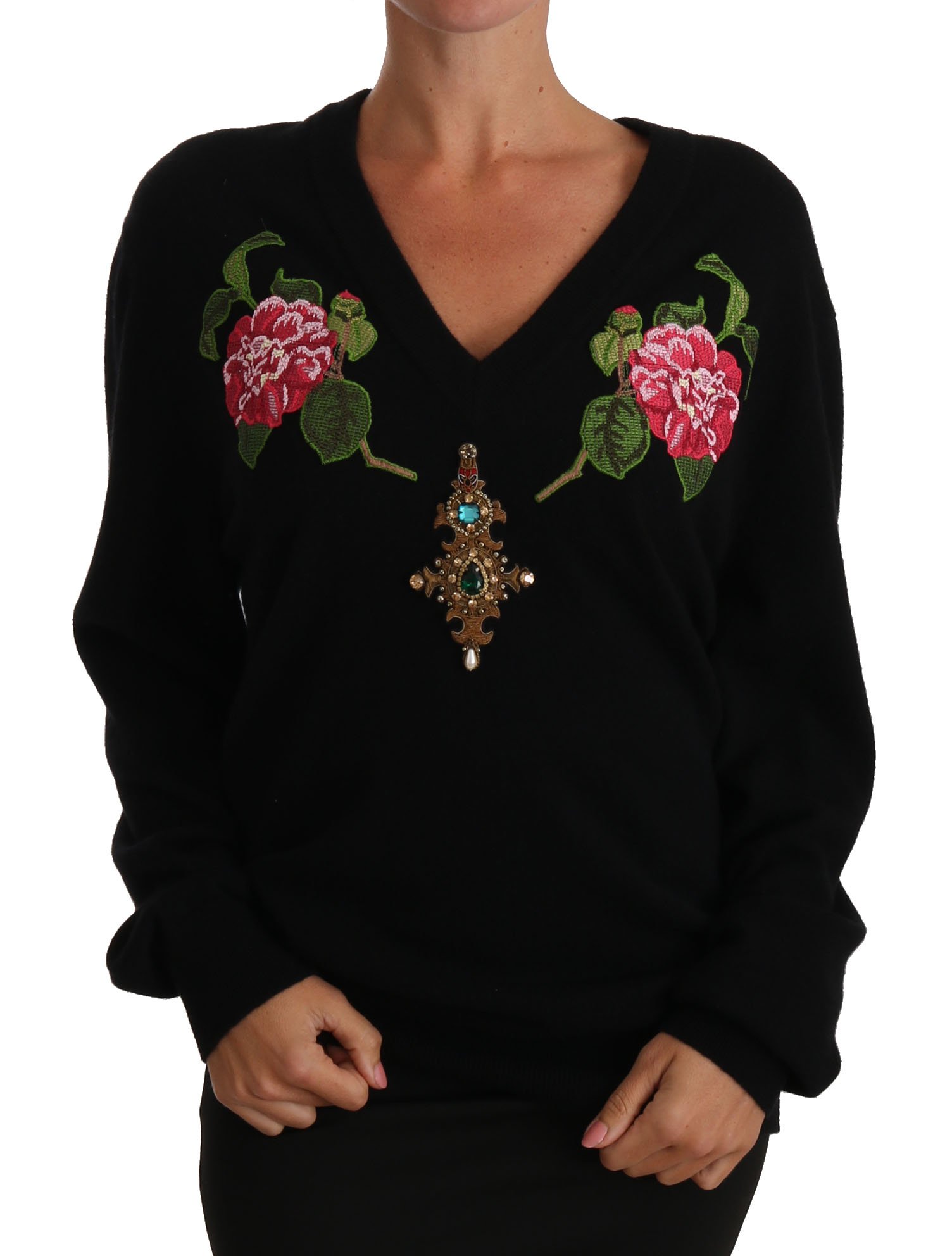 Dolce & Gabbana Women's Rose Floral Crystal Cashmere Sweater Black TSH2768 - IT40|S