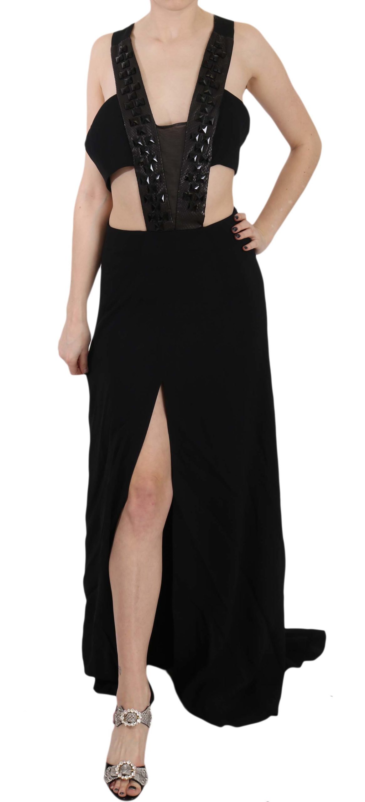 John Richmond Women's Crystal Leather Flare Dress Black DR1678-40 - IT40|S