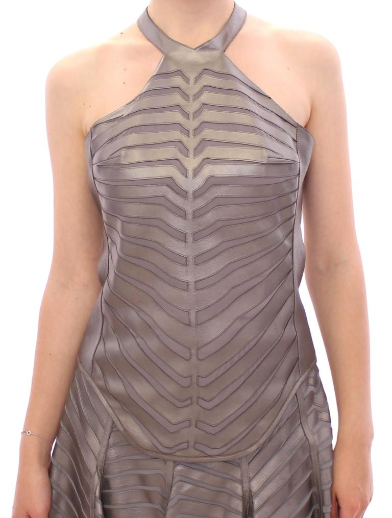 Arzu Kaprol Women's Leather Striped Halter Neck Top Silver GSS10323 - IT40|S