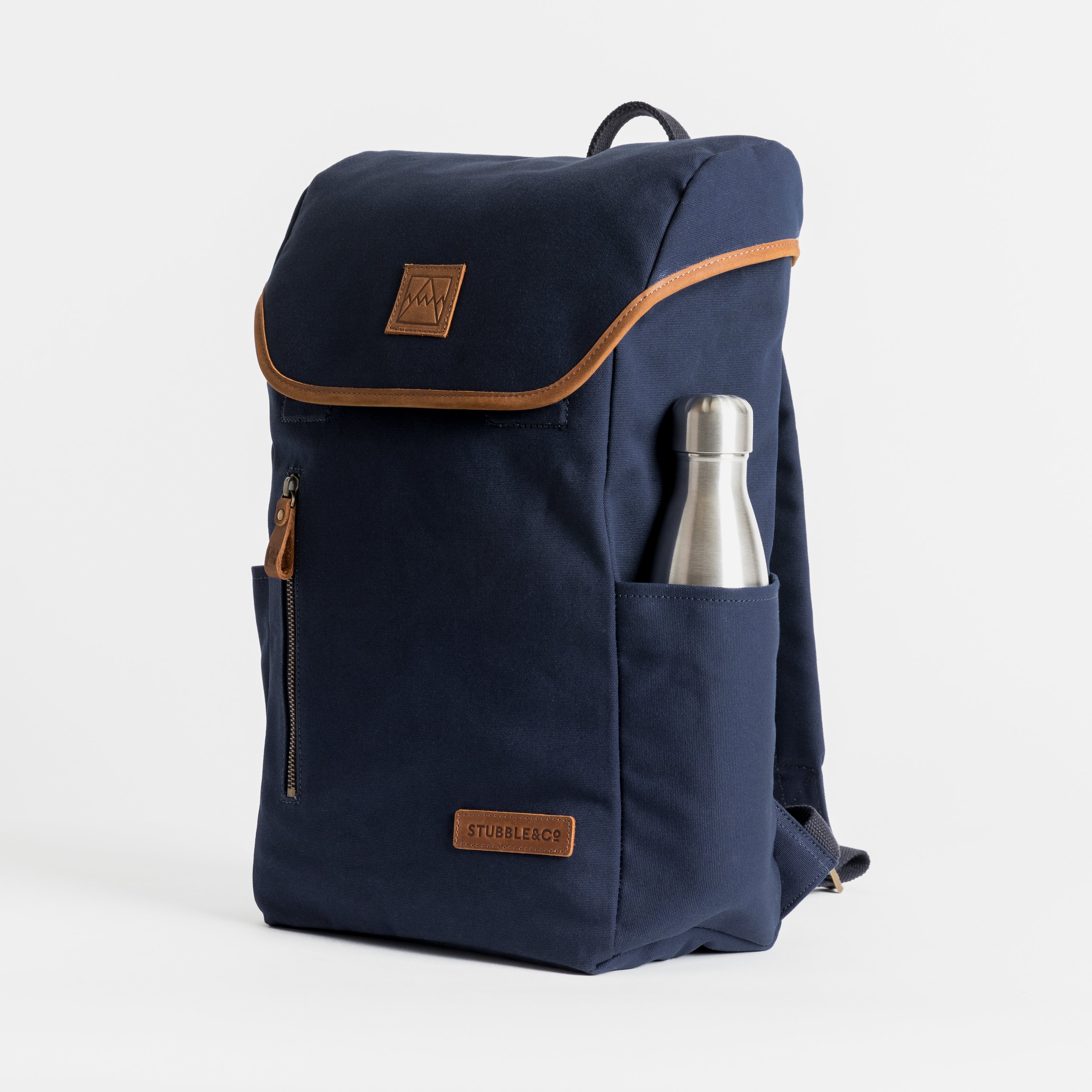 The Backpack. Premium Waterproofed Canvas and Leather. 15" Laptop Pocket., Navy