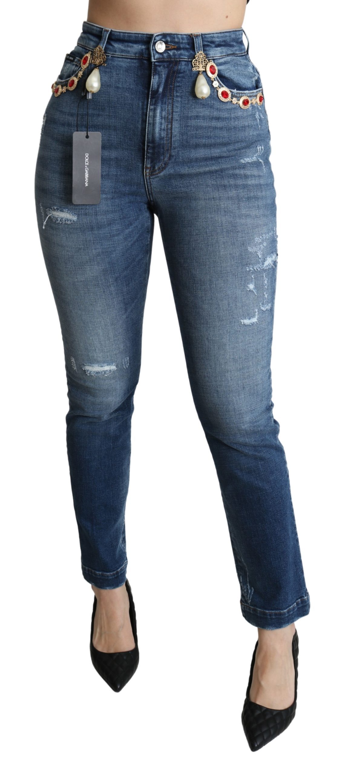 Blue Crystal Embellished Slim Fit Pants Jeans - IT40|S