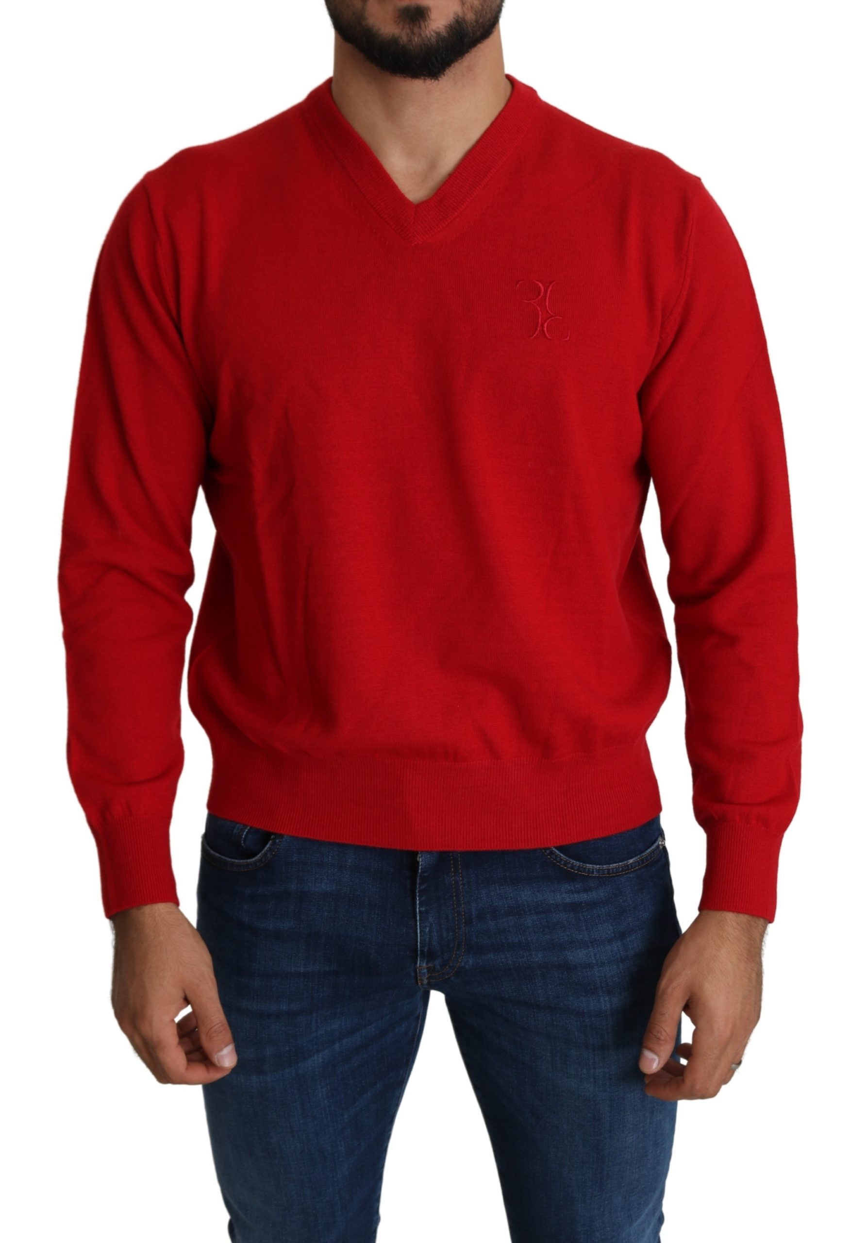Red V-neck Wool Sweatshirt Pullover Sweater - XL
