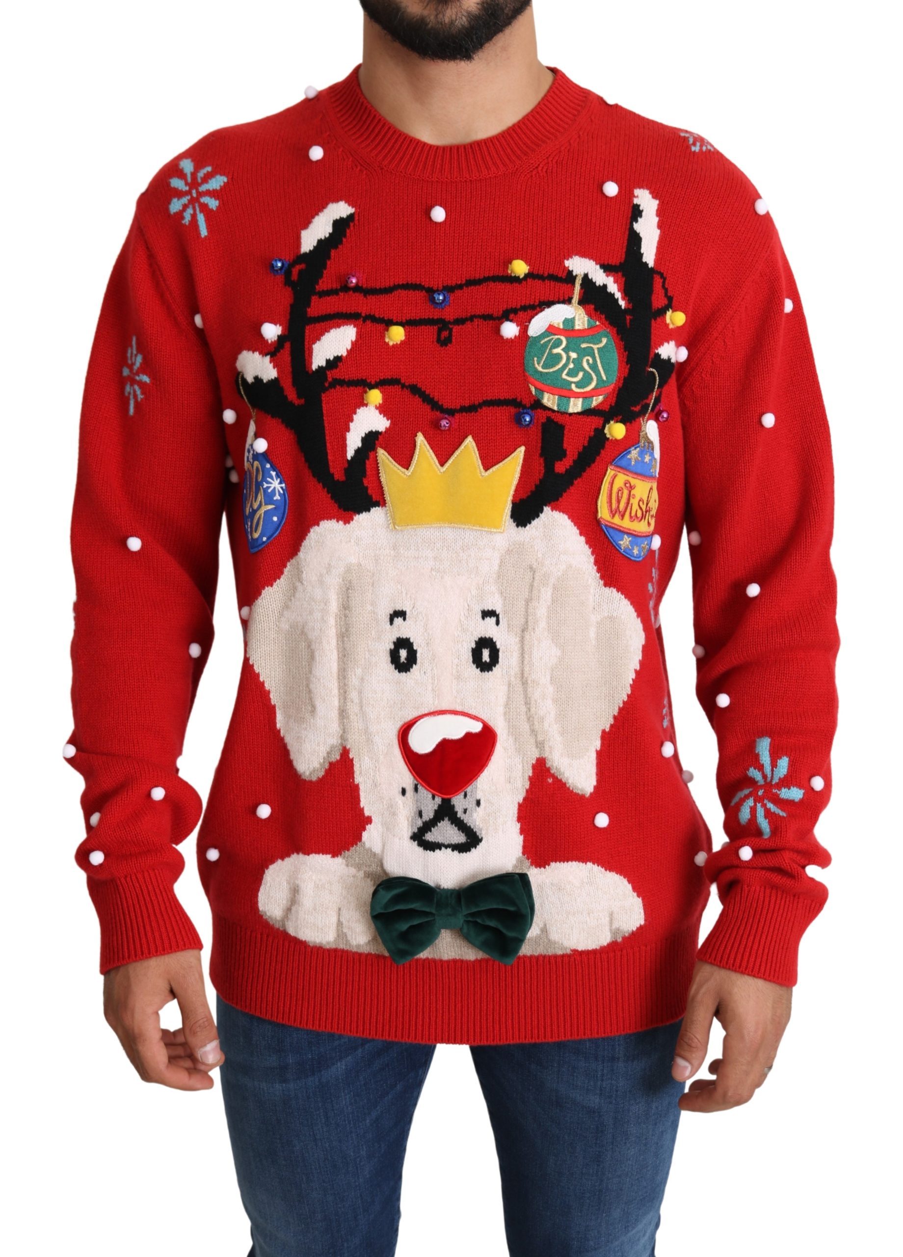 Red Christmas Dog Pullover Cashmere Sweater - IT44 | S