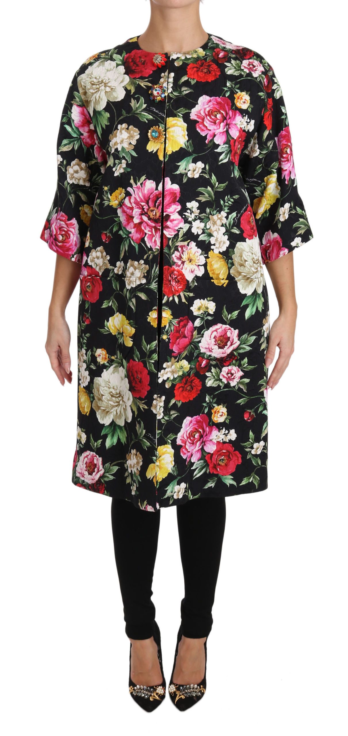 Dolce & Gabbana Women's Floral Crystal Jacquard Coat Black JKT2316 - IT36 | XS