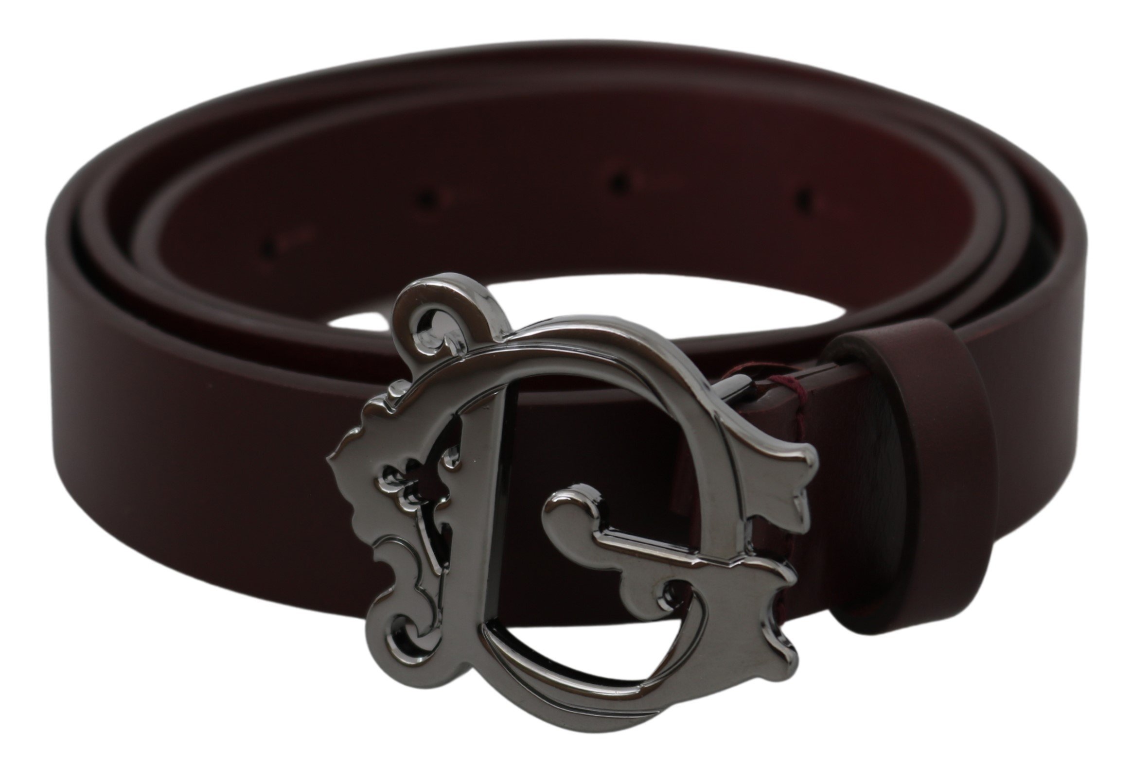 Brown Leather Silver Baroque DG Buckle Belt - 90 cm / 36 Inches
