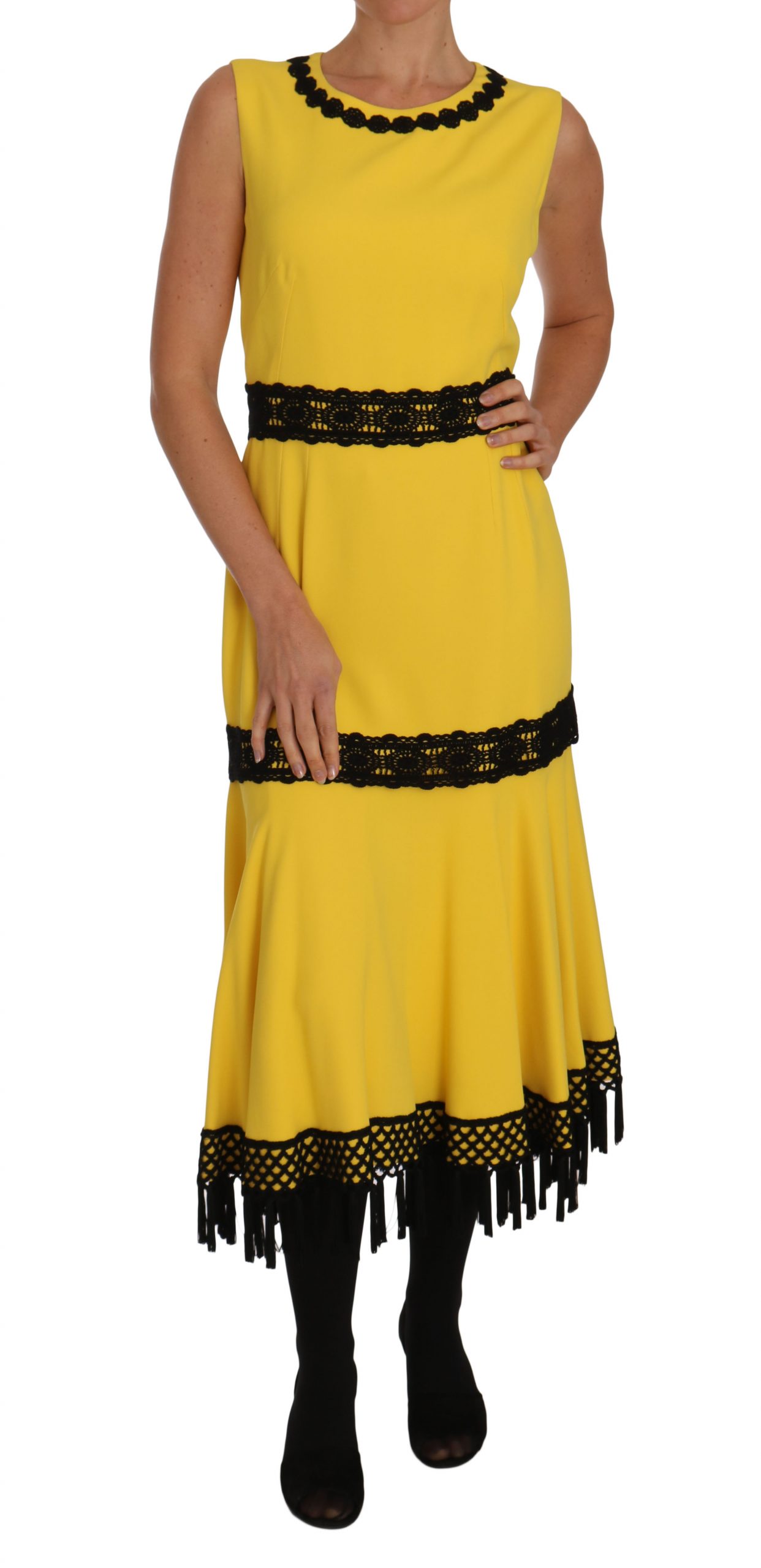 Dolce & Gabbana Women's Dress Floral Lace Fringes Sheath Dress Yellow DR1468 - IT46 | L
