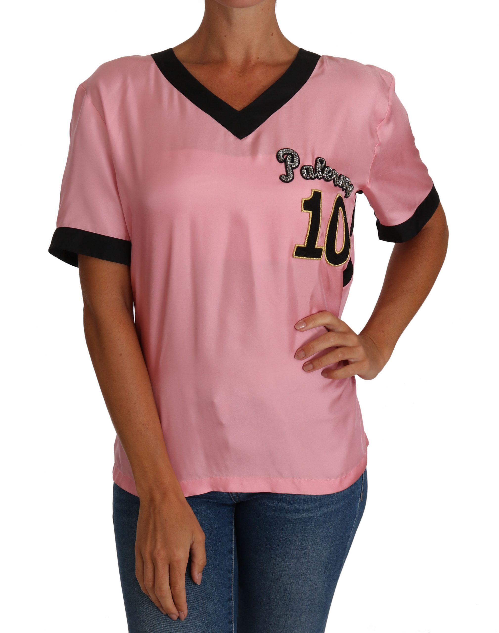 Dolce & Gabbana Women's Silk Crystal V-Neck T-Shirts Pink TSH2435 - IT44|L