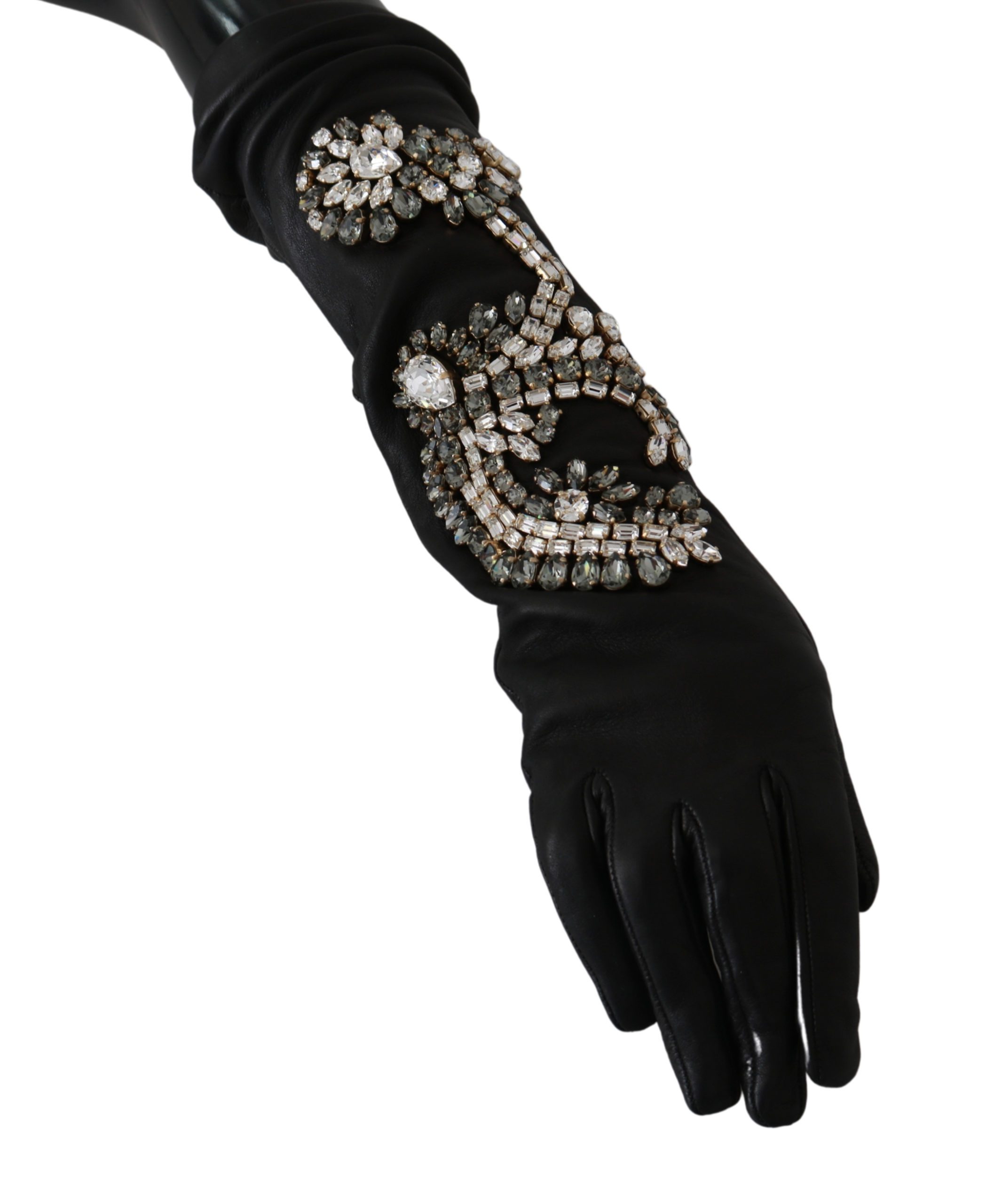 Dolce & Gabbana Women's Leather Lamb Skin Crystal Gloves Black LB1031 - 6.5|XS