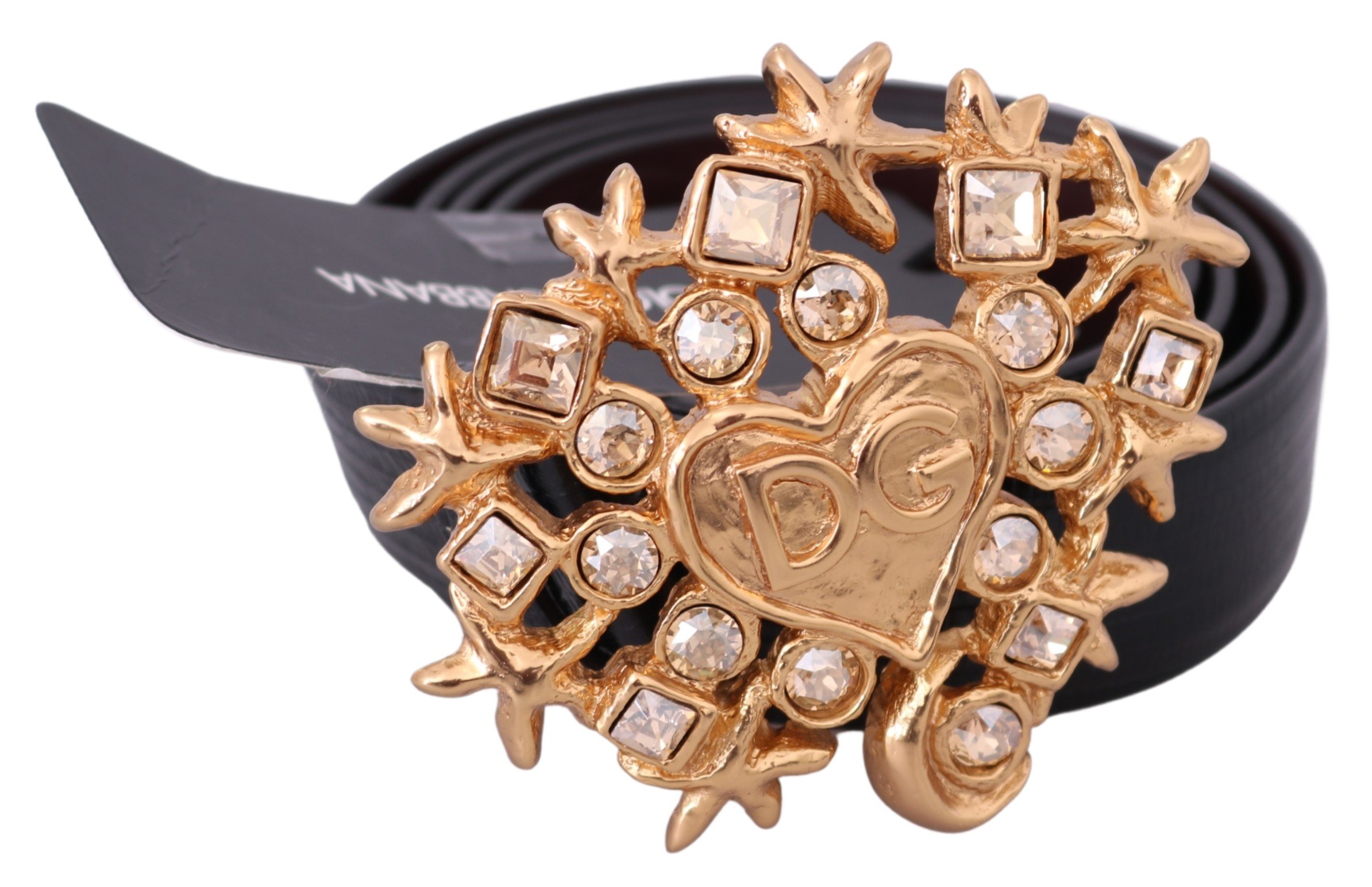 Dolce & Gabbana Men's Leather Heart Crystal Buckle Belt Black BEL60493 - 100 cm / 40 Inches