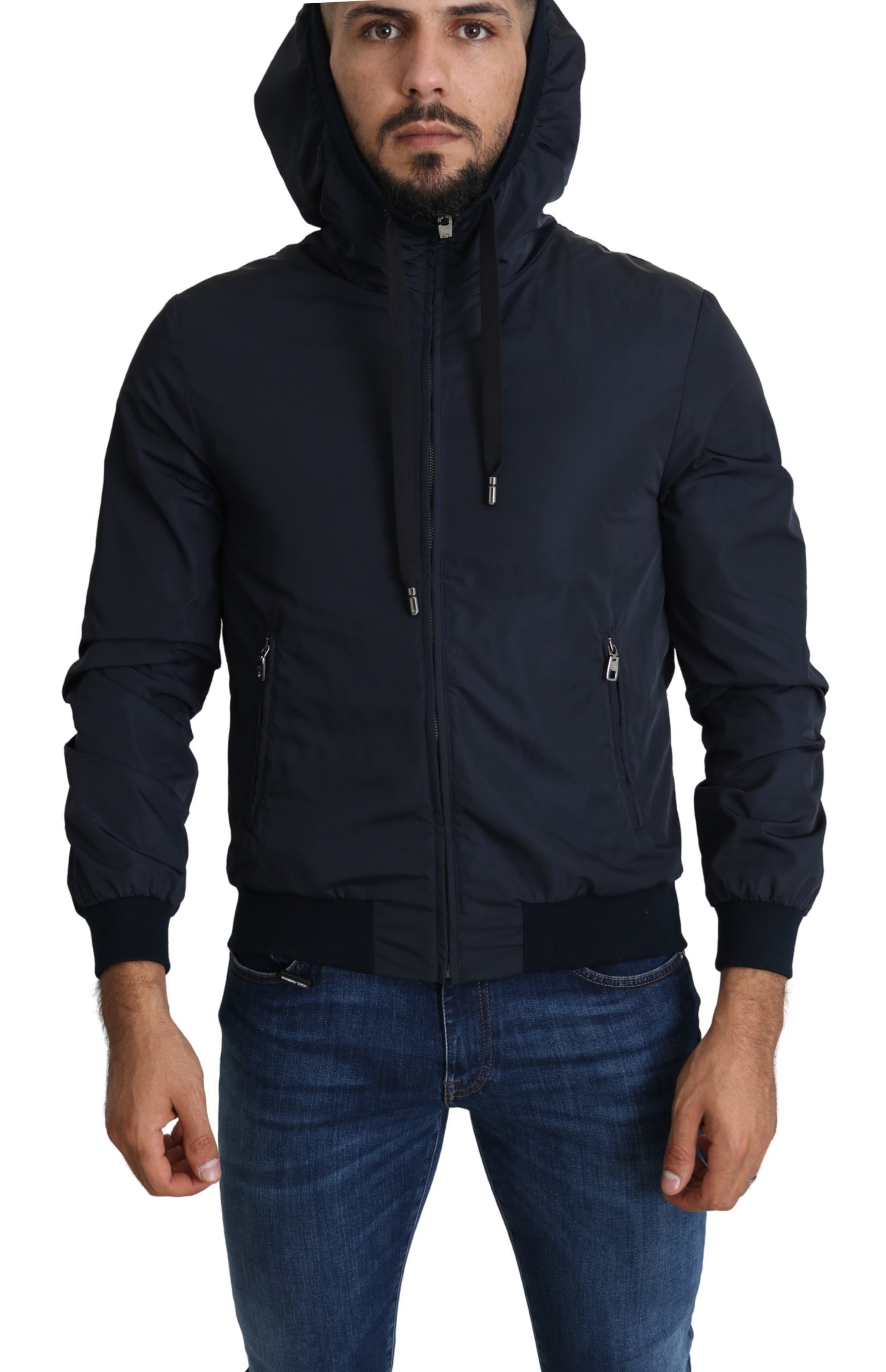Navy Blue Polyester Hooded Bomber Jacket - IT46 | S