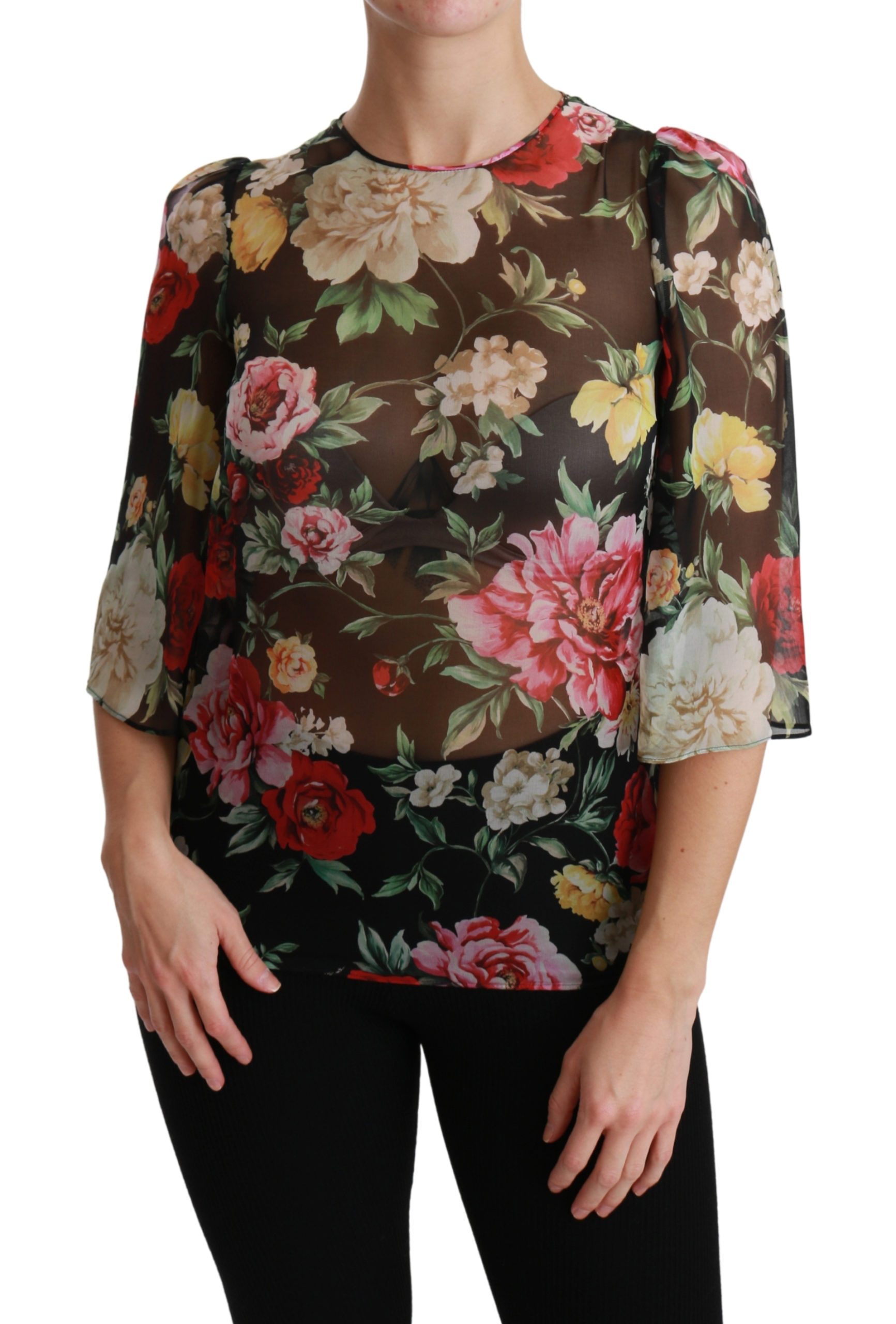 Dolce & Gabbana Women's Floral Sleeve Silk Top Black TSH4474 - IT36 | XS