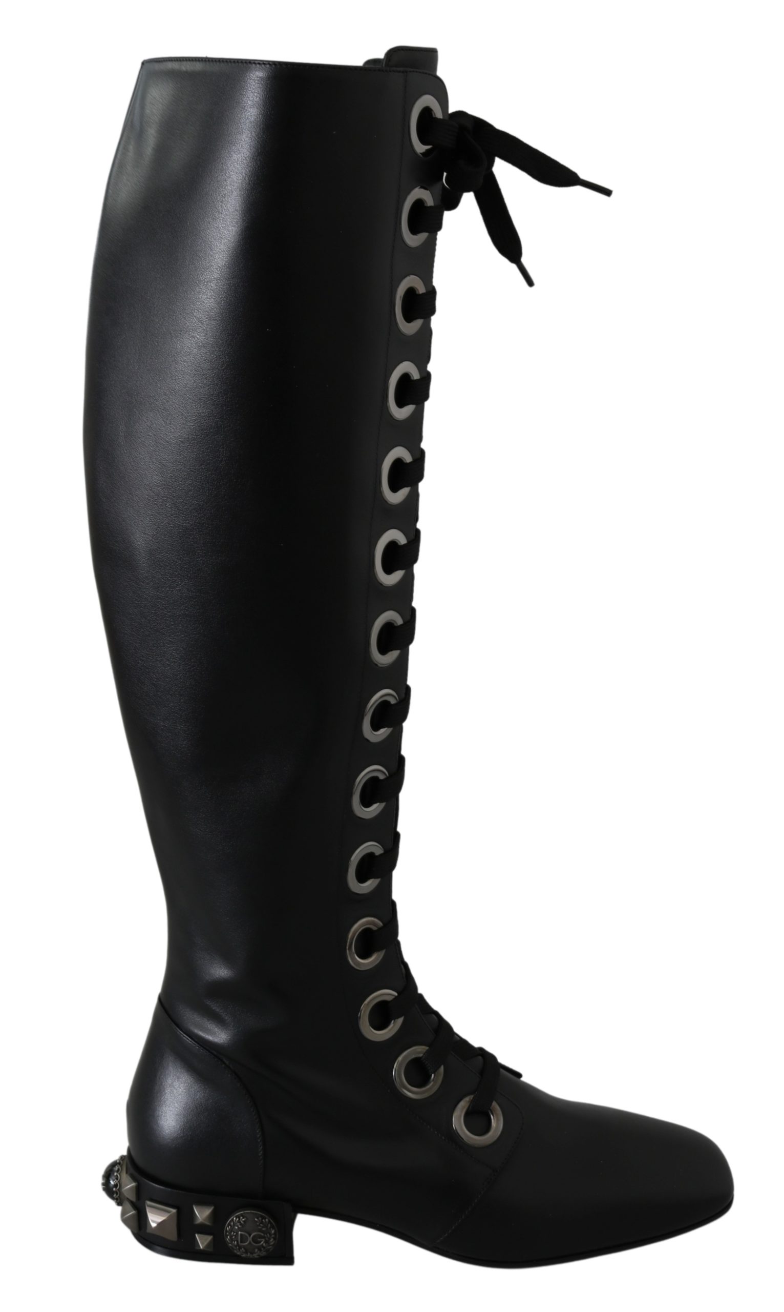 Black Leather Knee Biker Studs Boots Shoes - EU37/US6.5