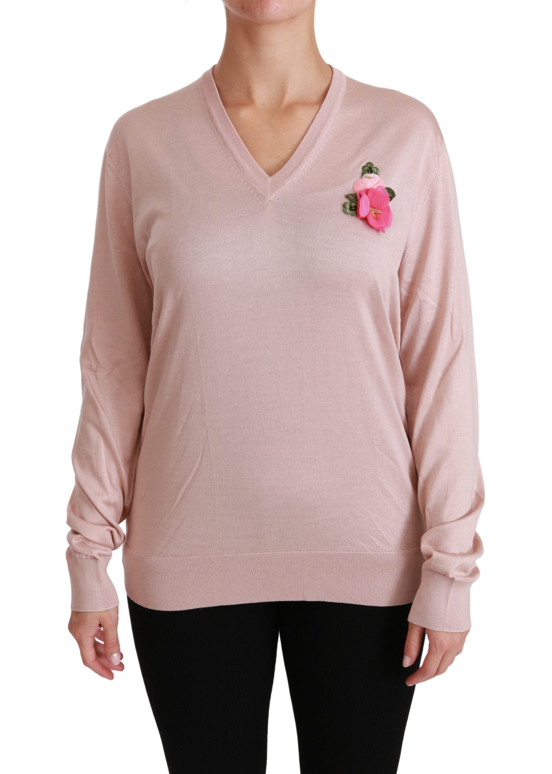 Dolce & Gabbana Women's Floral Embellished Pullover Silk Sweater Pink TSH4453 - IT36 | XS