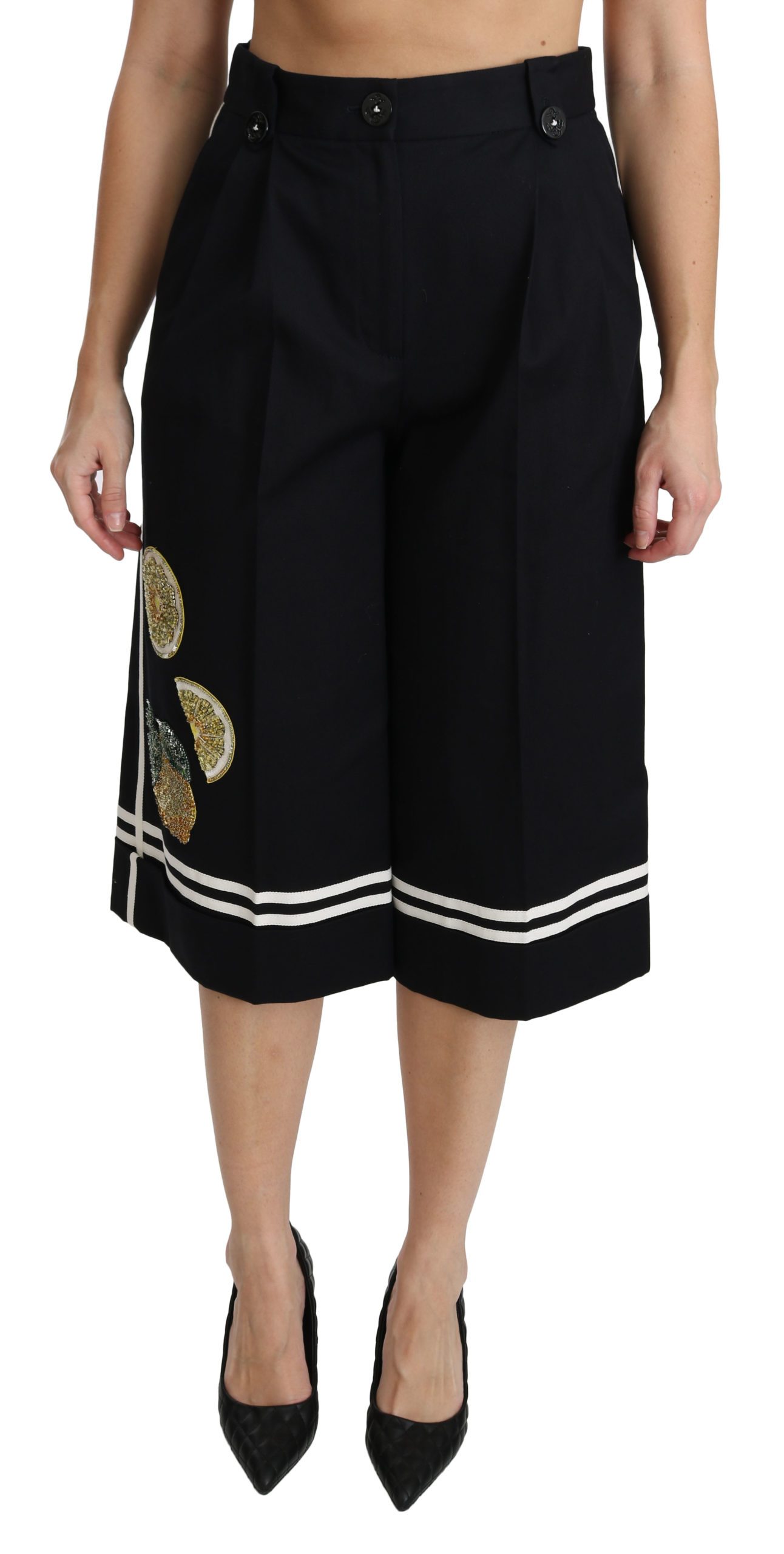 Black Lemon Embellished Palazzo Cropped Pants - IT40|S