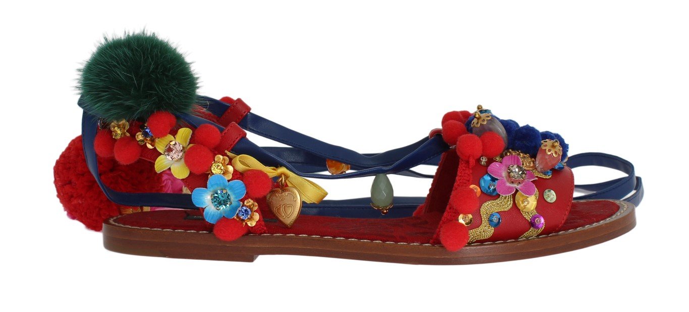 Dolce & Gabbana Women's Pom Pom Leather Crystal Sandals Multicolor LA3036 - EU36/US5.5