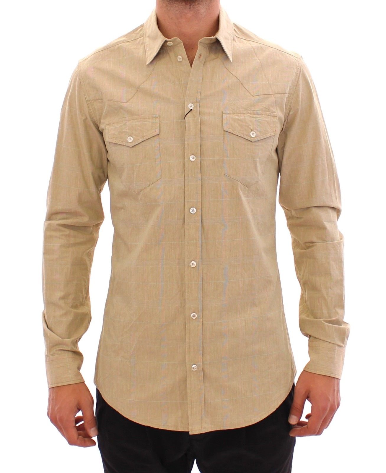Dolce & Gabbana Men's Checkered Fit Logo Casual Shirt Beige GSS10403 - 39