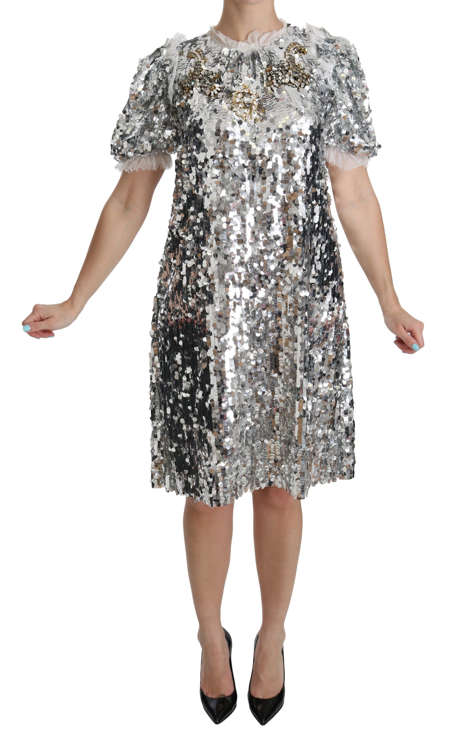 Dolce & Gabbana Women's Sequined Crystal Shift Gown Dress Silver DR2045 - IT40|S