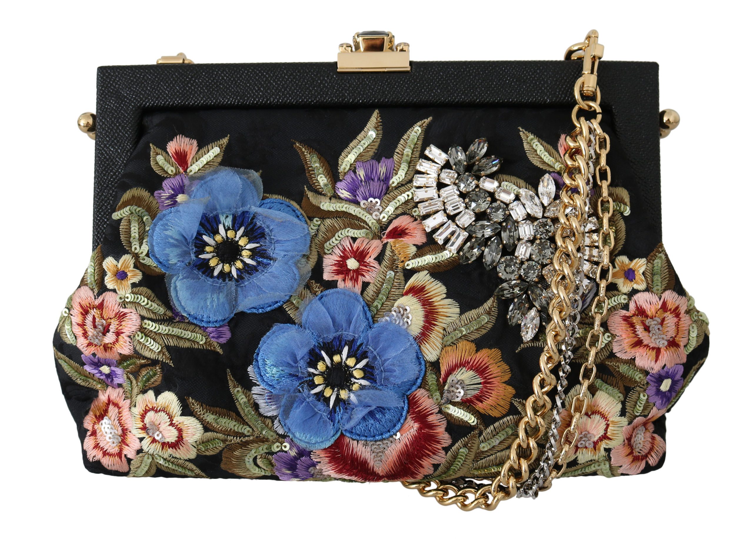 Dolce & Gabbana Women's Floral Embroidered Crystal Shoulder Bag Black VAS8688
