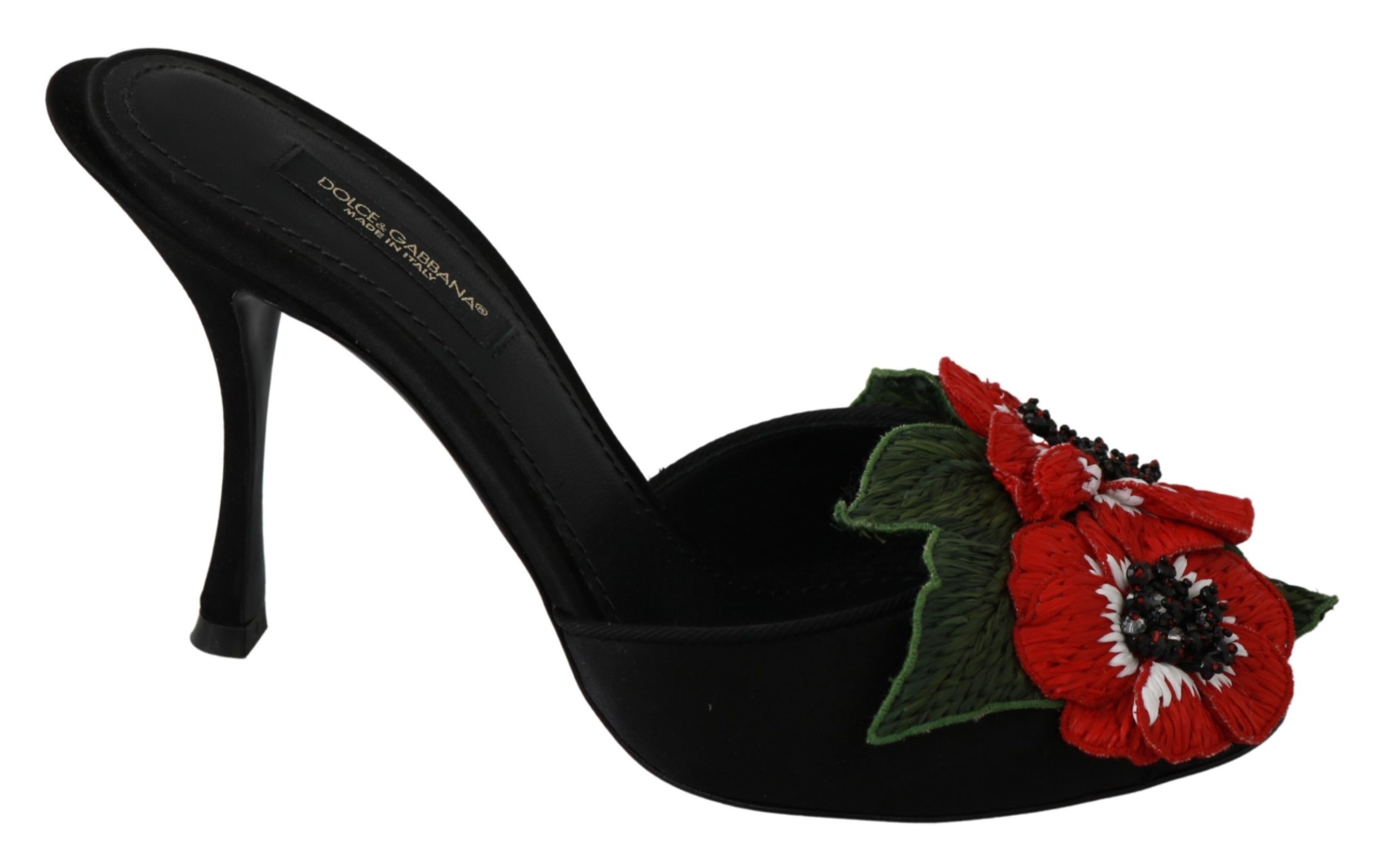 Black Silk Floral Heels Flip Flops Shoes - EU35/US4.5