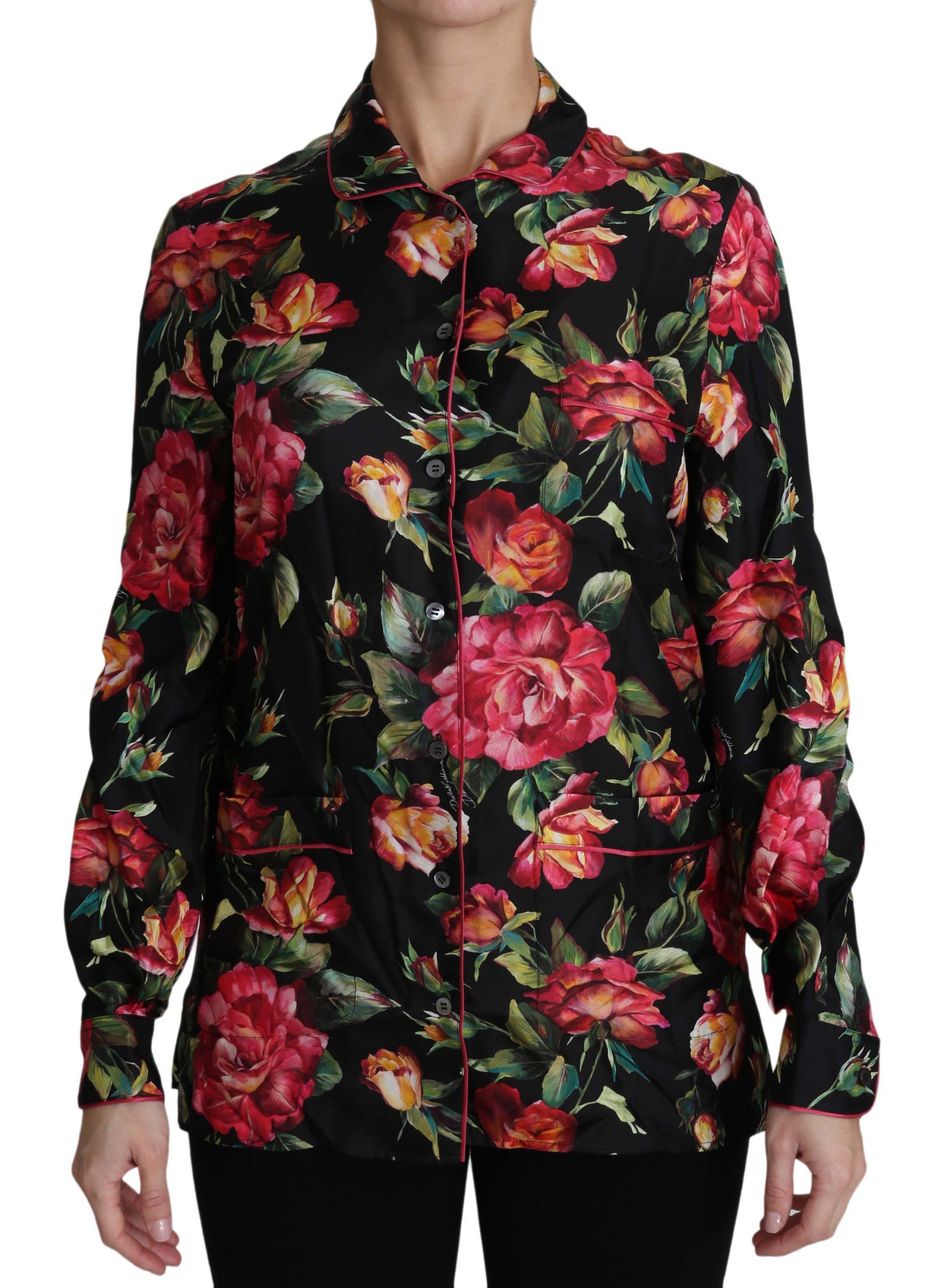 Black Rose Longsleeve Silk Floral Print Top - IT42|M