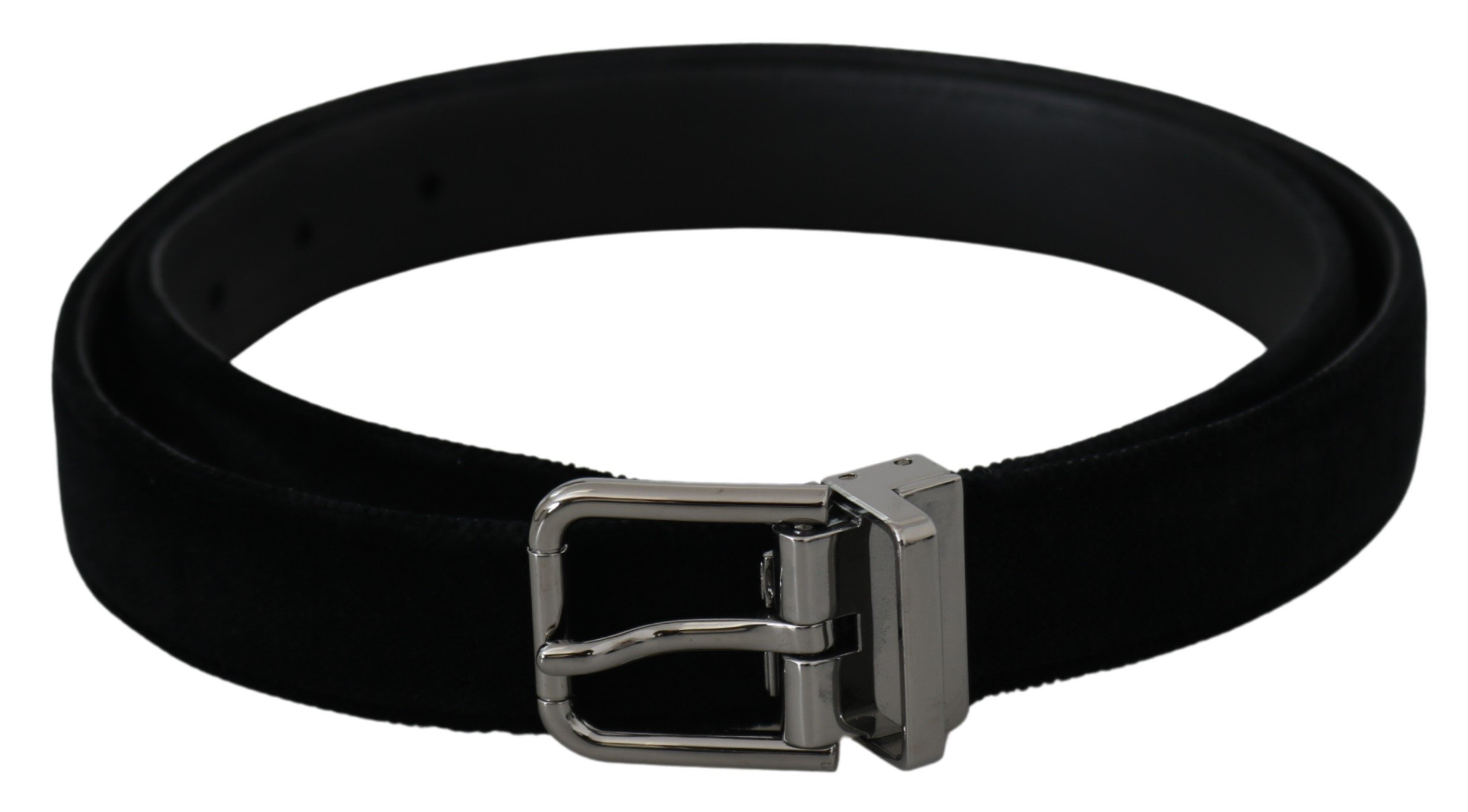 Black Leather Velvet Silver Buckle Belt - 90 cm / 36 Inches