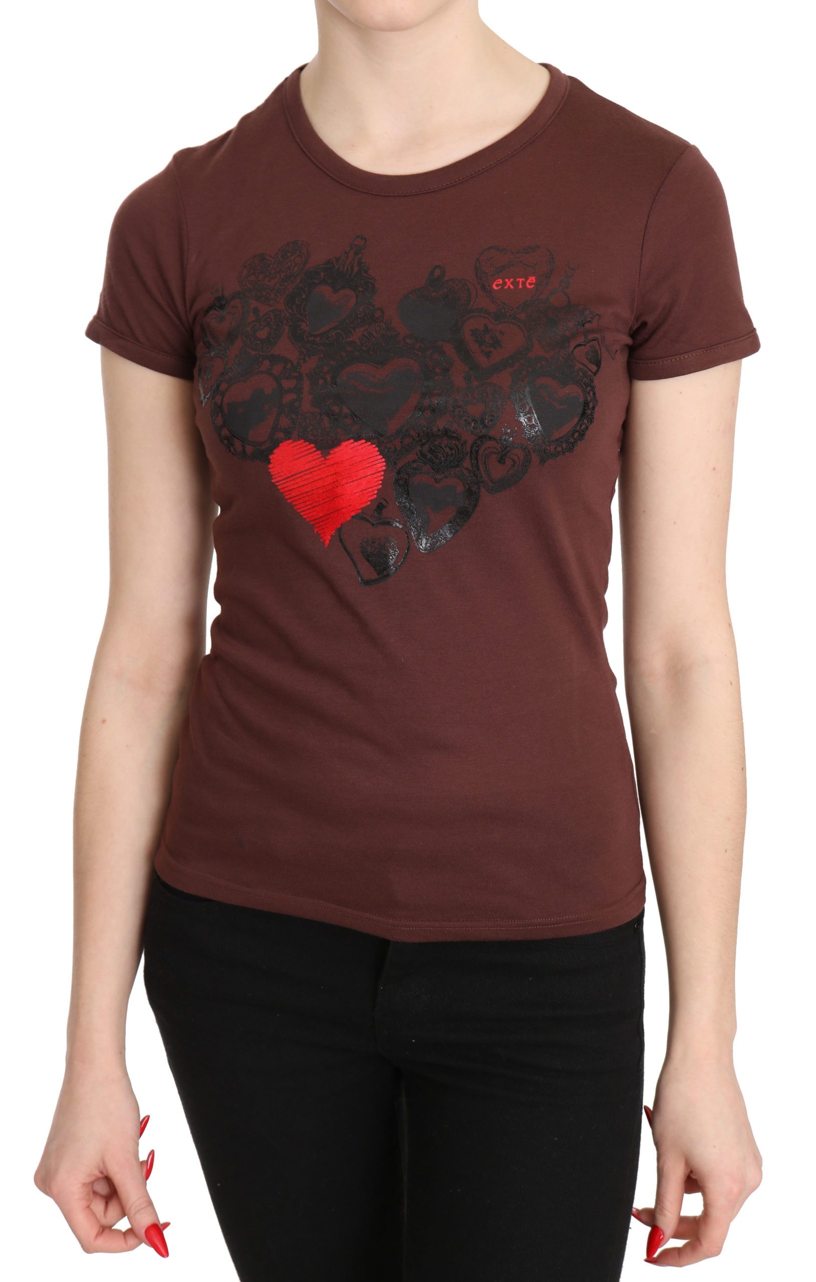 Exte Women's Hearts Printed Round Neck T-Shirt Top Brown TSH3419 - IT42|M