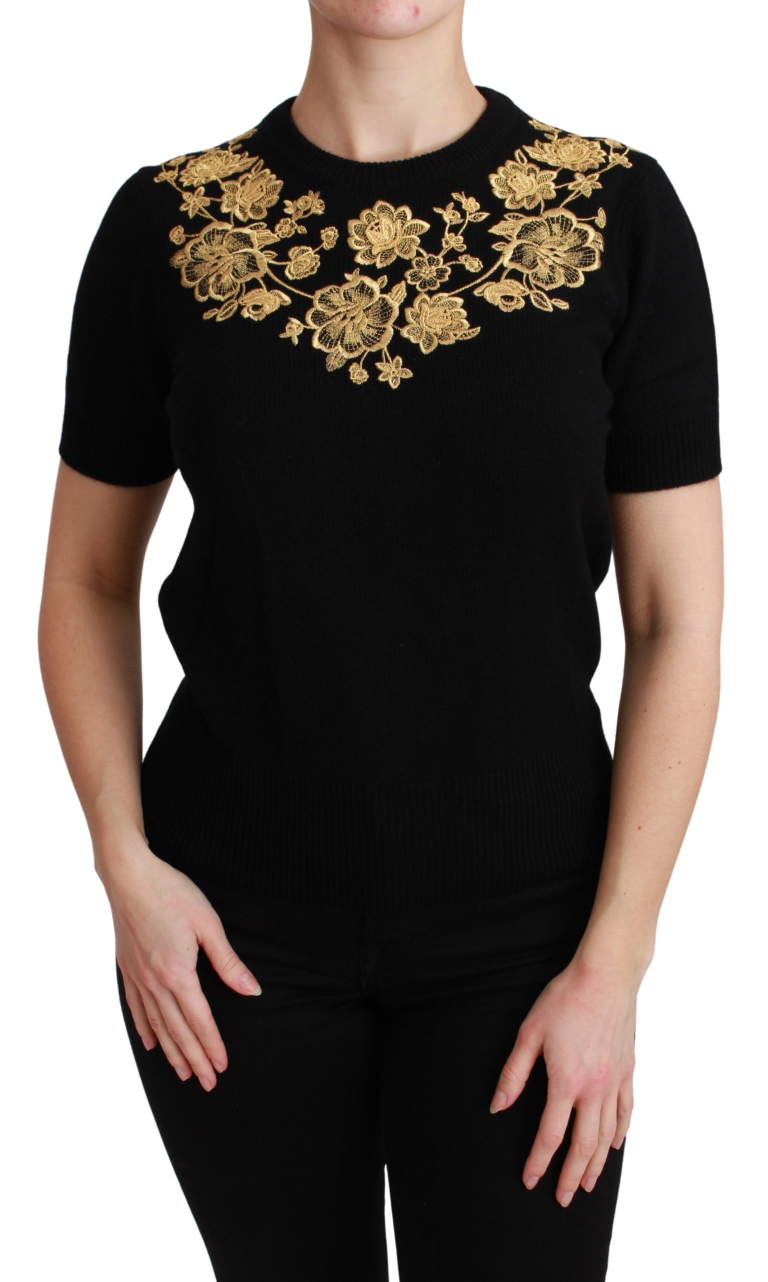 Dolce & Gabbana Women's Cashmere Gold Floral Sweater Black TSH4588 - IT40|S