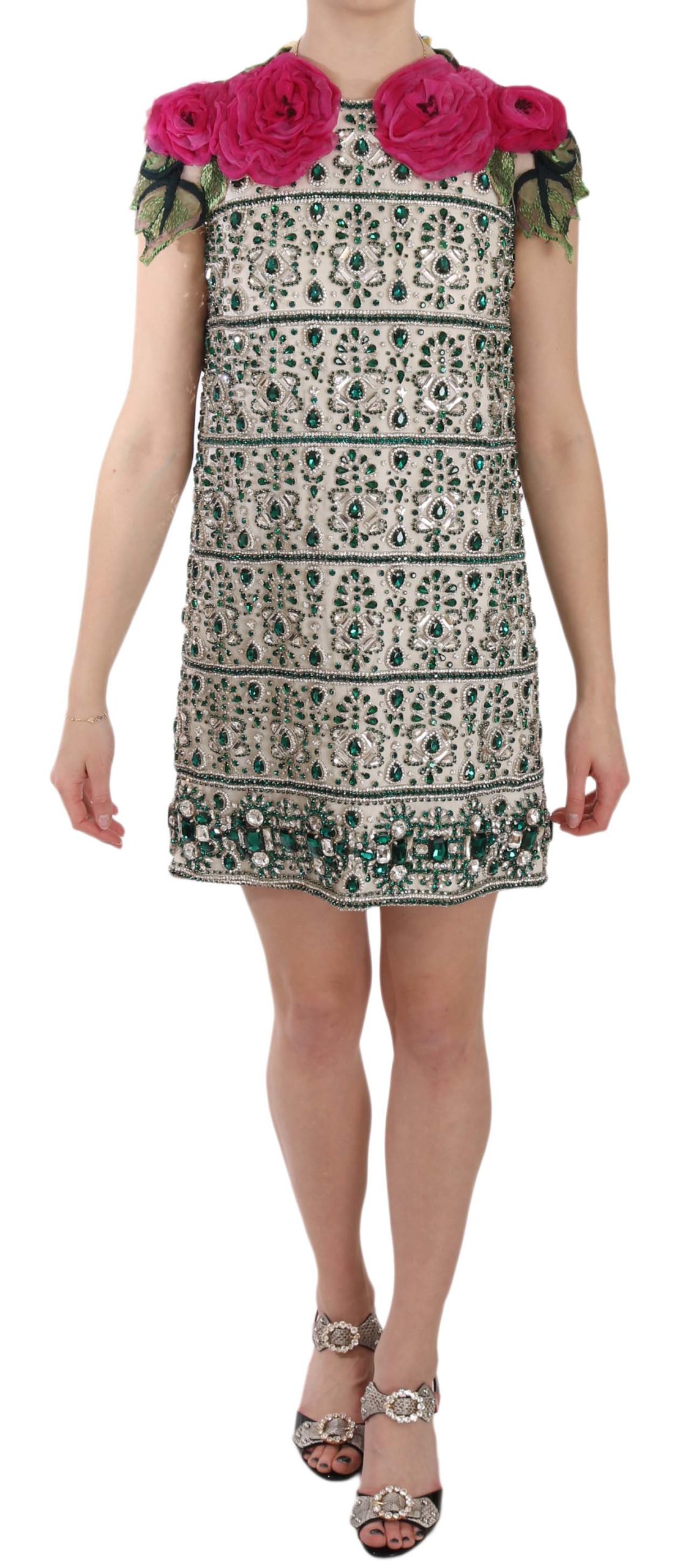 Dolce & Gabbana Women's Crystal Jewel Floral Sleeves Mini Dress Beige DR1624 - IT38 | S