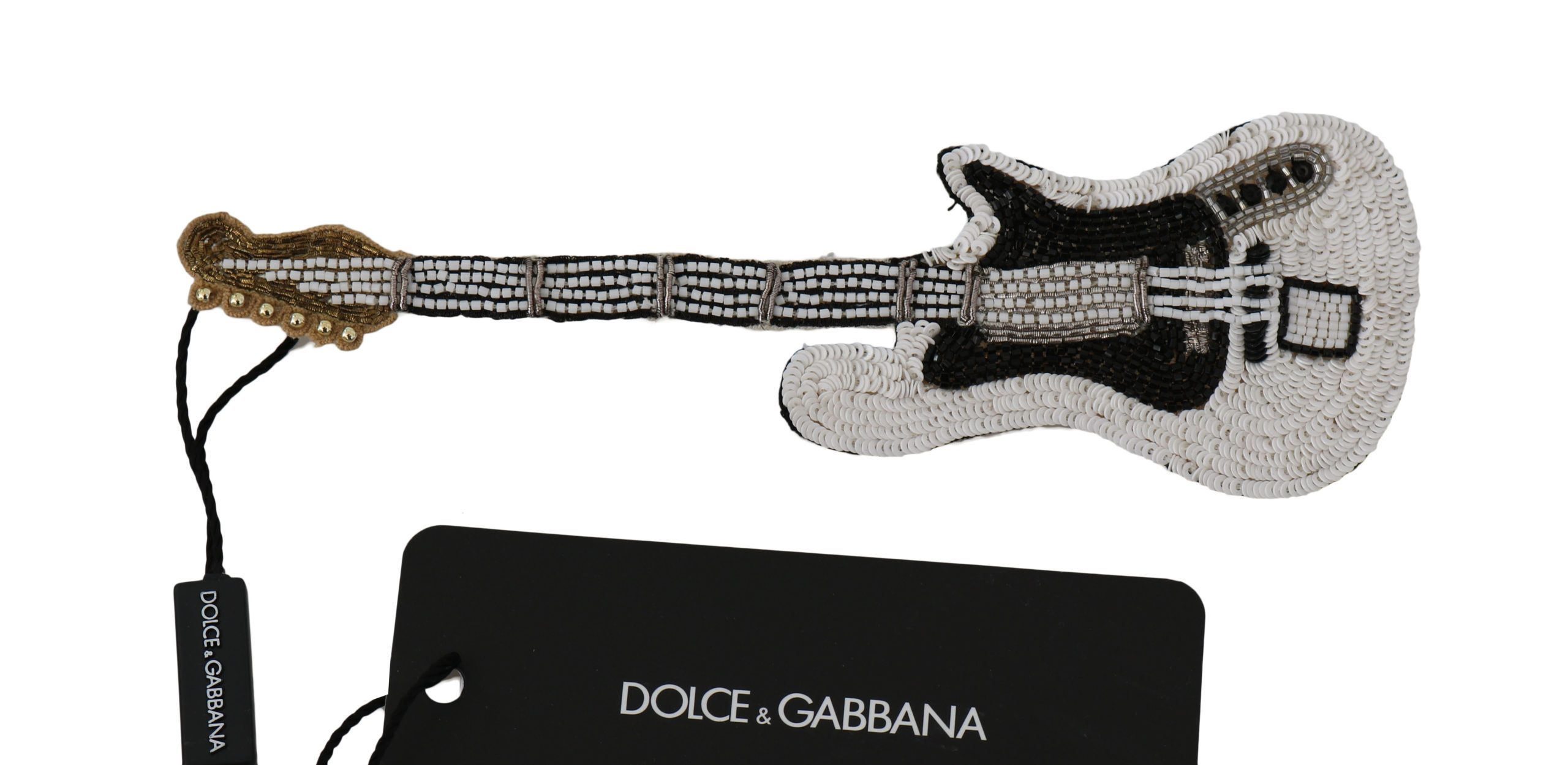 Dolce & Gabbana Women's Guitar Sequin Beaded Lapel Pin Brooch White SMY2041
