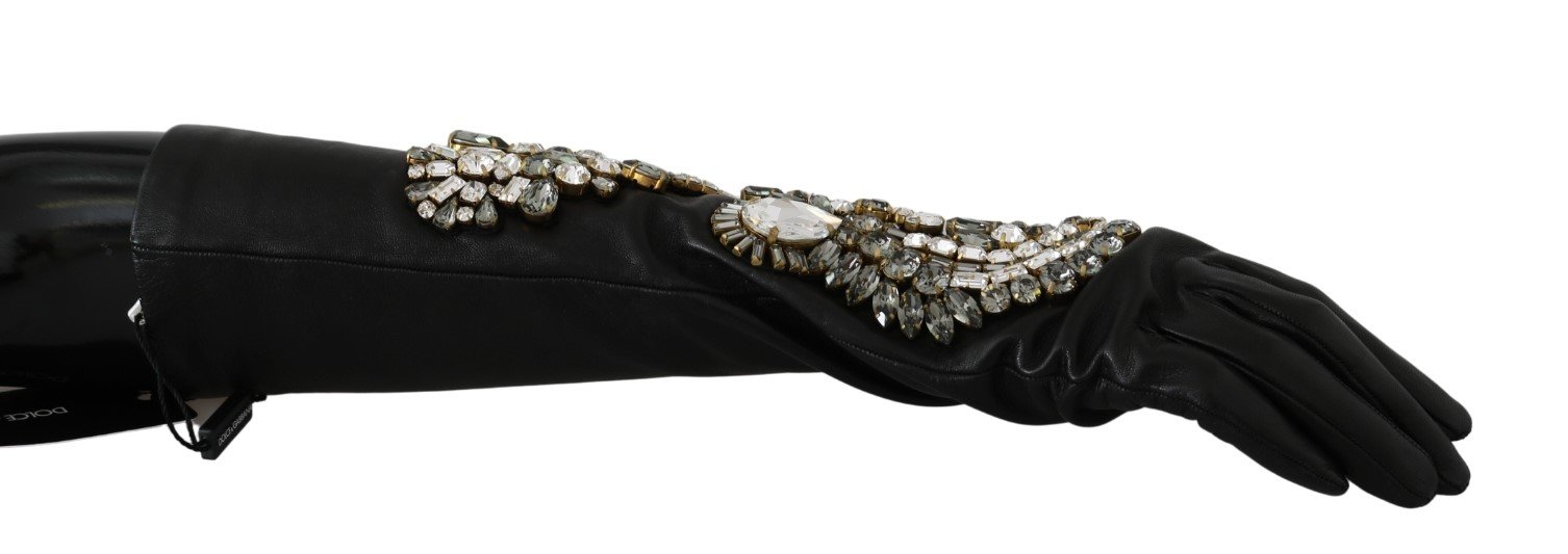 Dolce & Gabbana Women's Crystal Elbow Mittens Leather Gloves Black LB1015 - 7.5|S