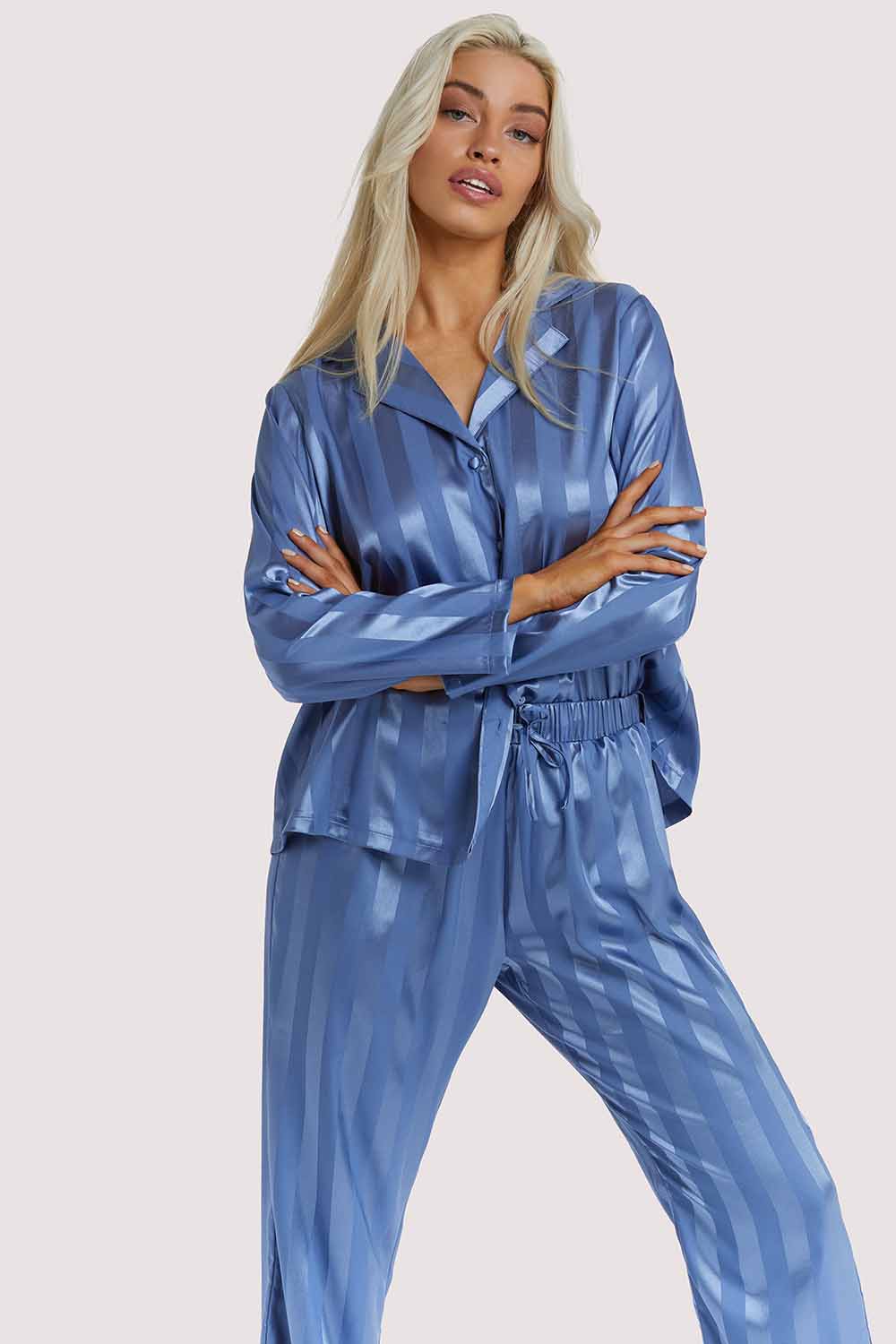 Wolf & Whistle Blue Stripe Satin Pyjama Set UK 10 / US 6