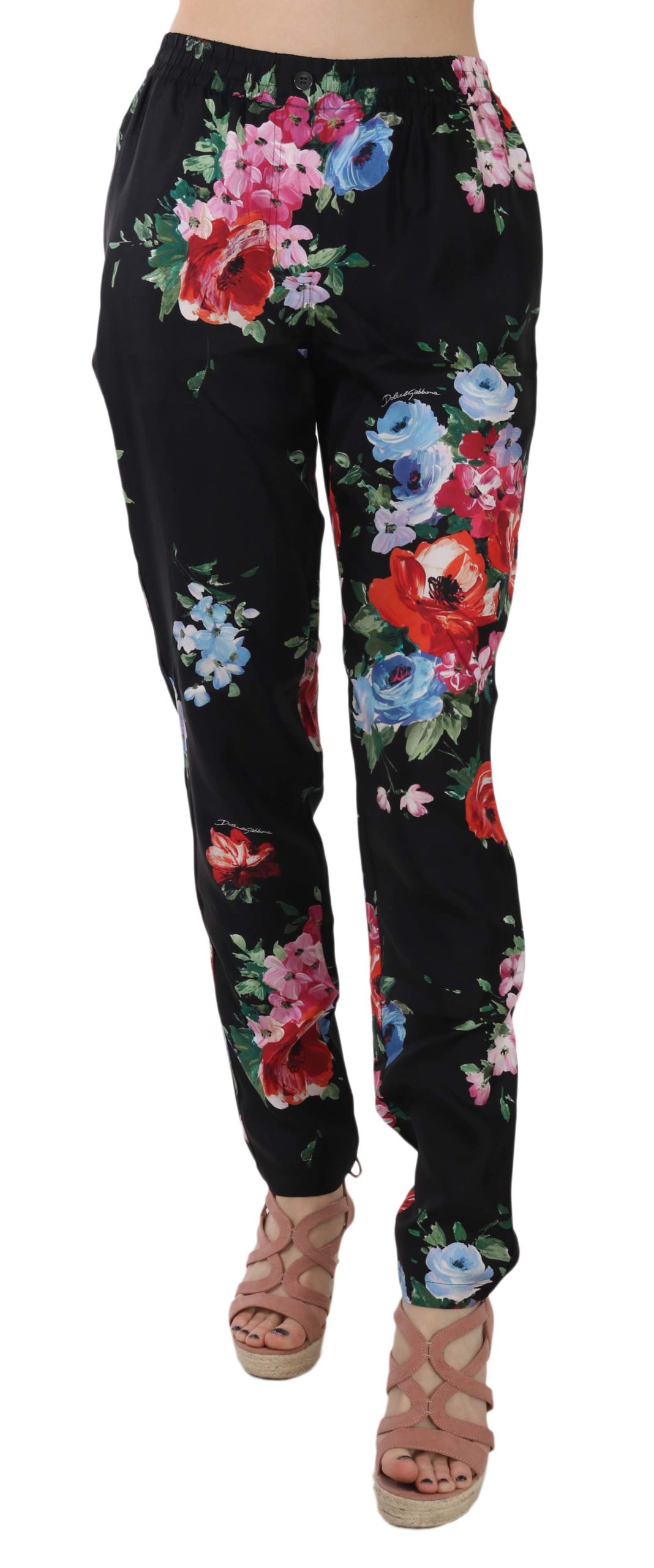 Dolce & Gabbana Women's Floral Print Silk Pyjama Style Trouser Black PAN70022 - IT38|XS