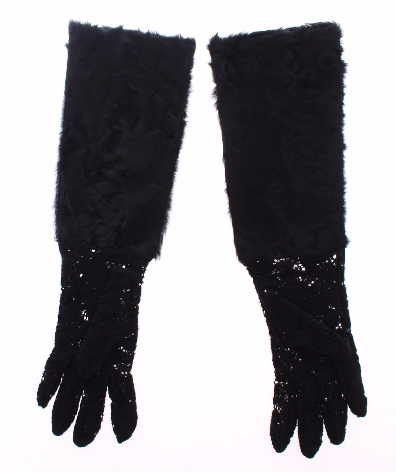Dolce & Gabbana Women's Lace Wool Lambskin Fur Elbow Gloves Black MOM11451 - 7 | S