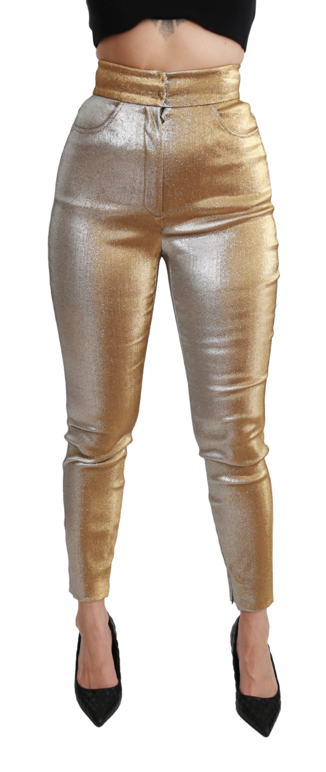 Dolce & Gabbana Women's Glittered Skinny High Waist Trouser Gold PAN70944 - IT40|S