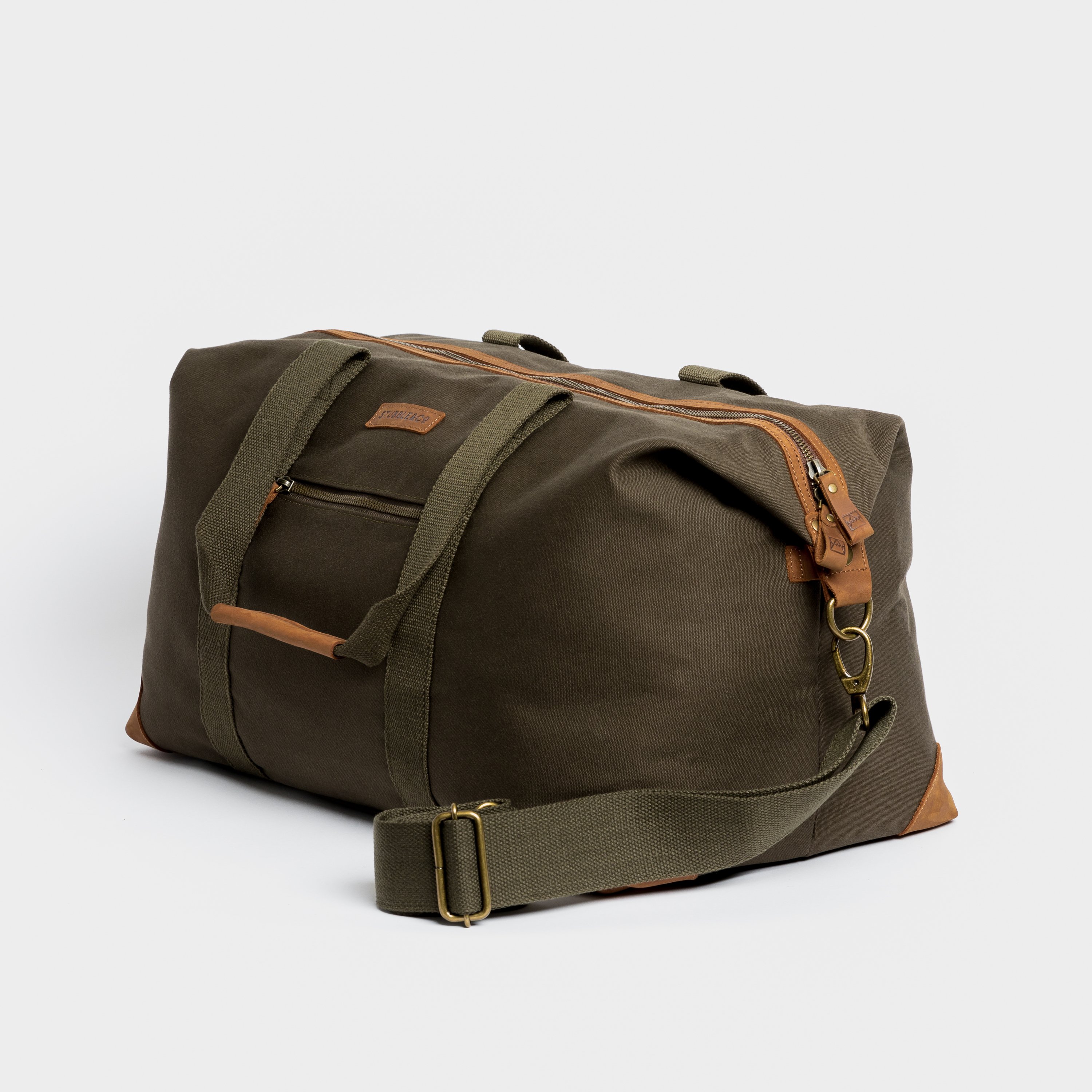 The Weekender. Waterproofed Canvas and Leather Holdall. 15" Laptop Pocket., Olive